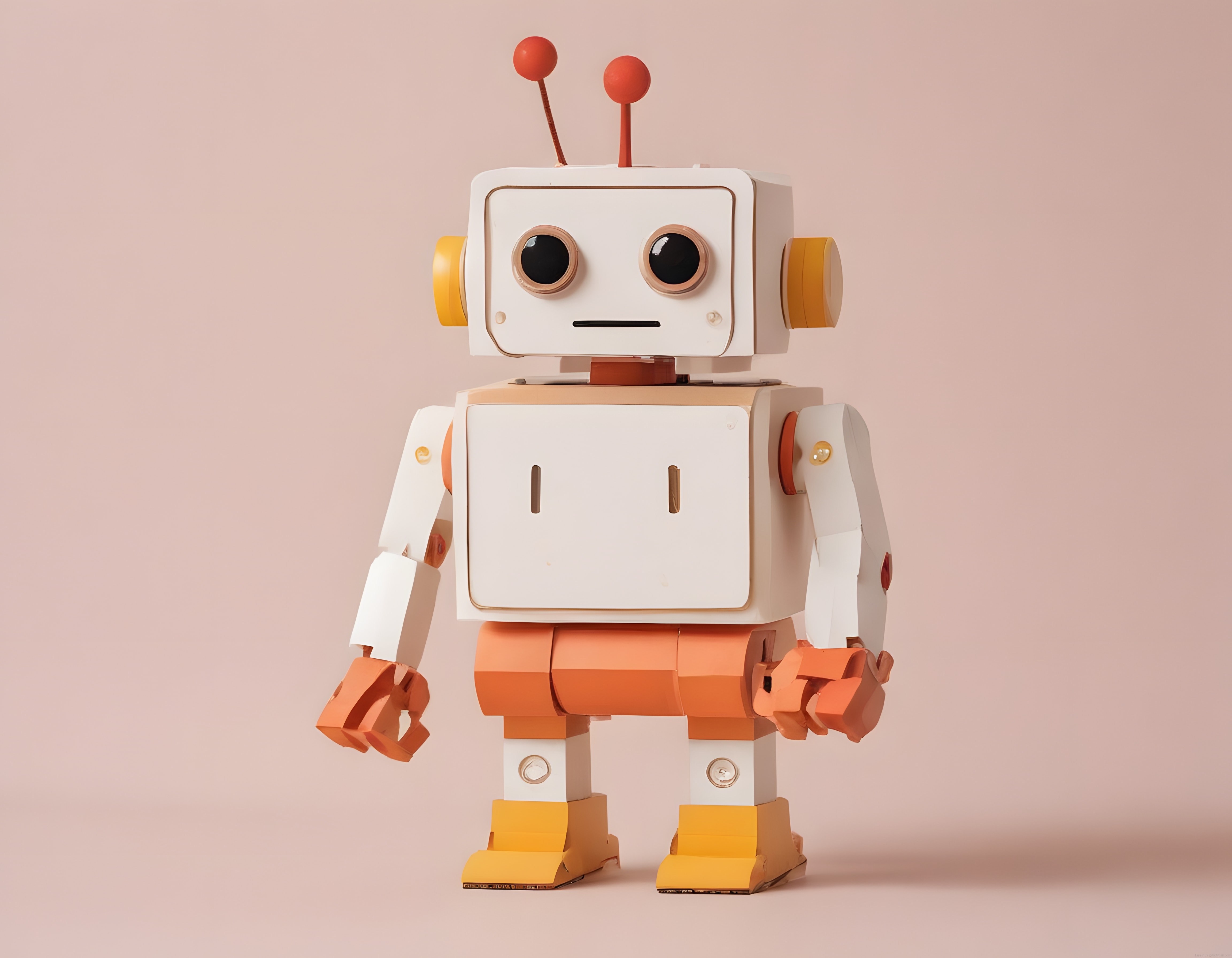 Sevimli retro robot oyuncağın pastel arka planda durduğu 3 boyutlu render