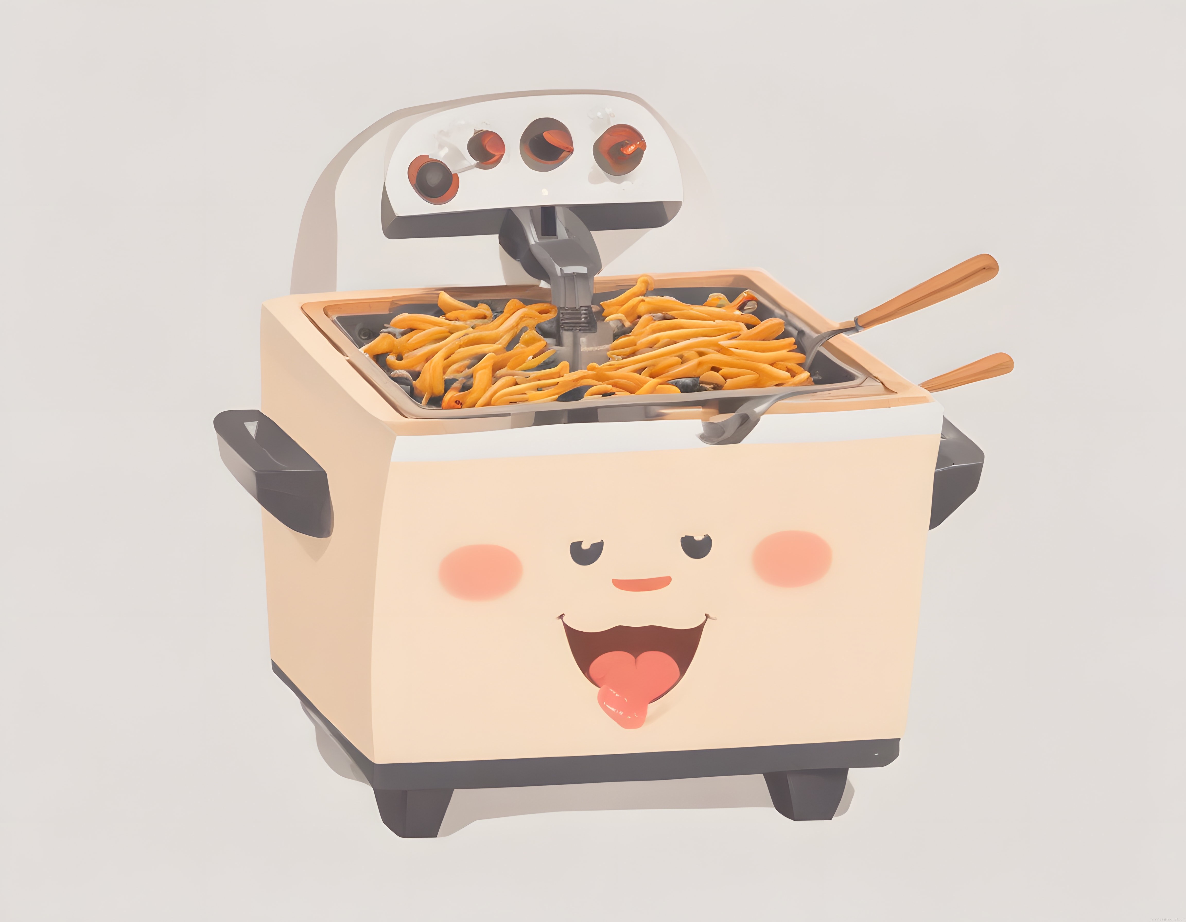 Sevimli Robot Fritöz Karakteri ve Altın Sarısı Kızarmış Patatesler
