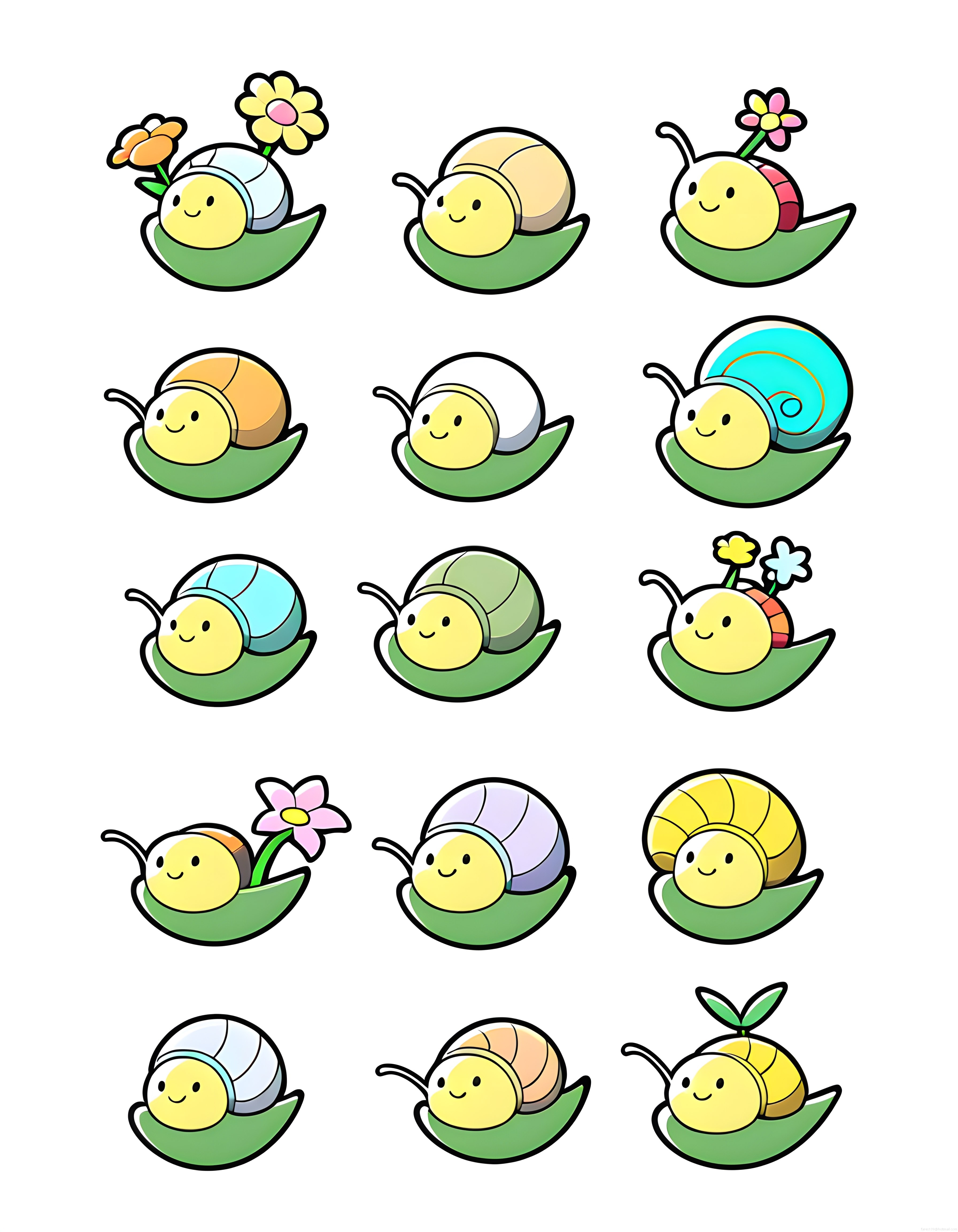 Sevimli salyangoz karakterleri, çiçekli yapraklarda kawaii cartoon sticker seti