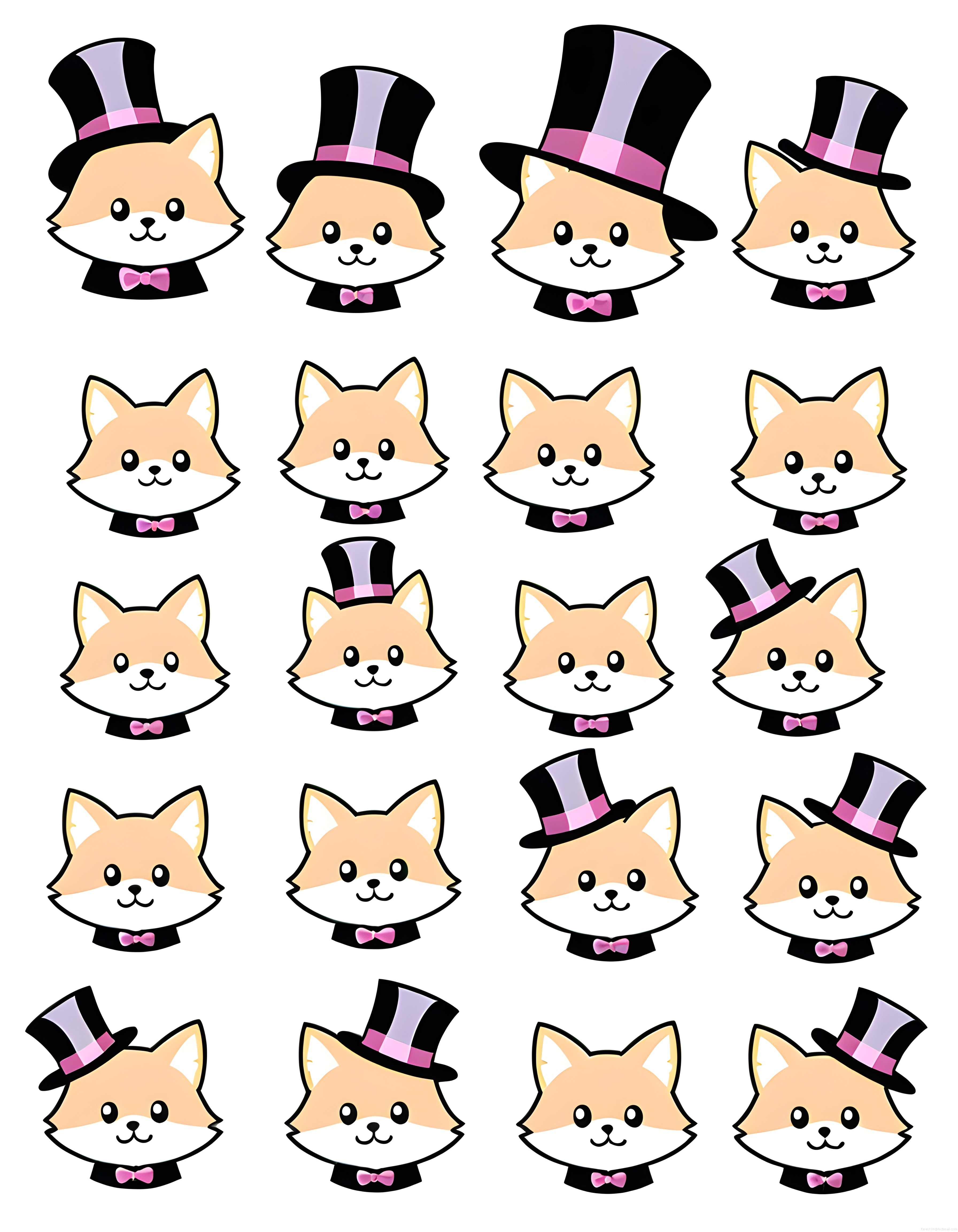 Sevimli şapkalı tilki seti kawaii çizim örnekleri ve sticker varyasyonları