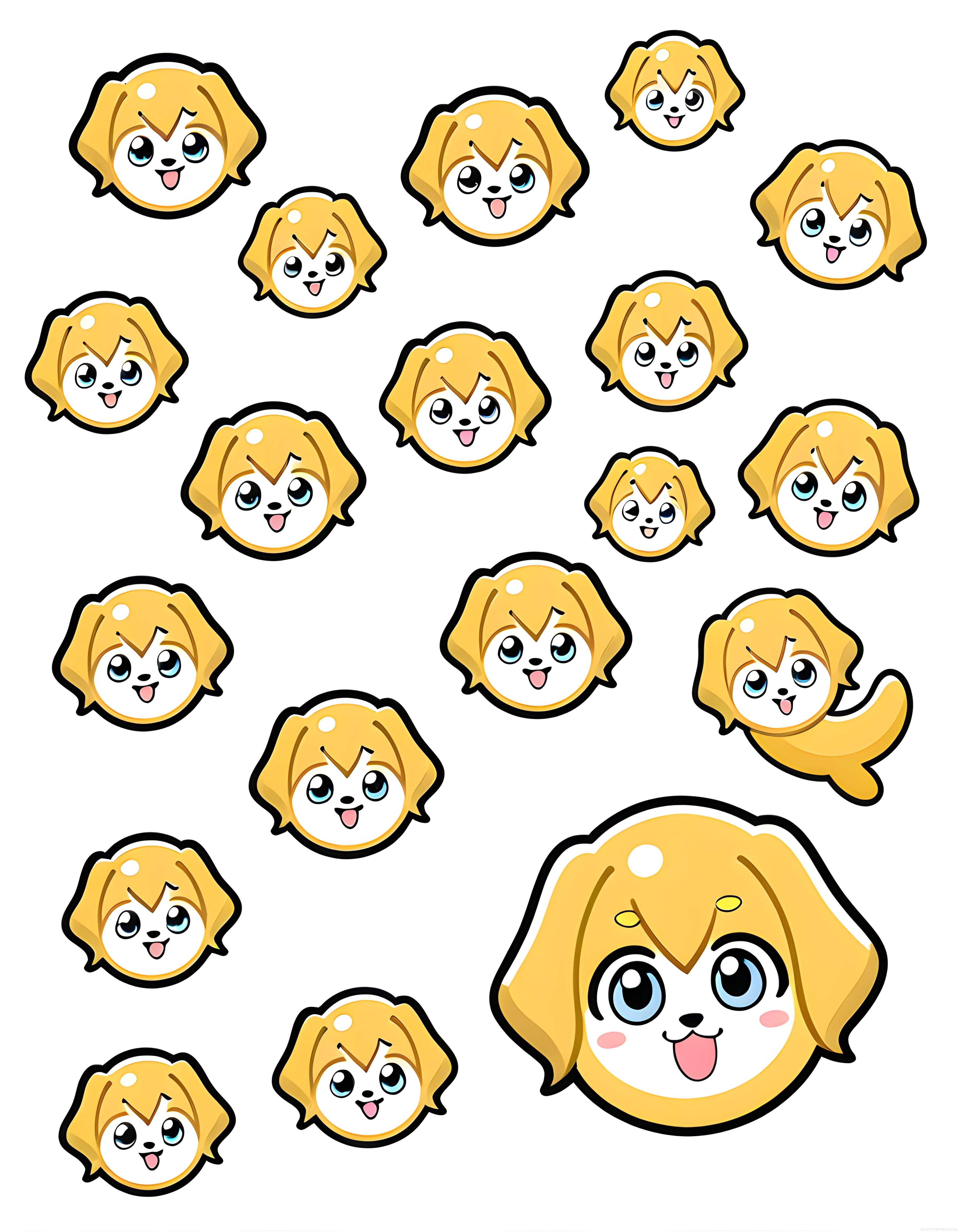 Sevimli Sarı Anime Köpek Karakteri Sticker Seti ve Dekoratif Yüz İllüstrasyonları