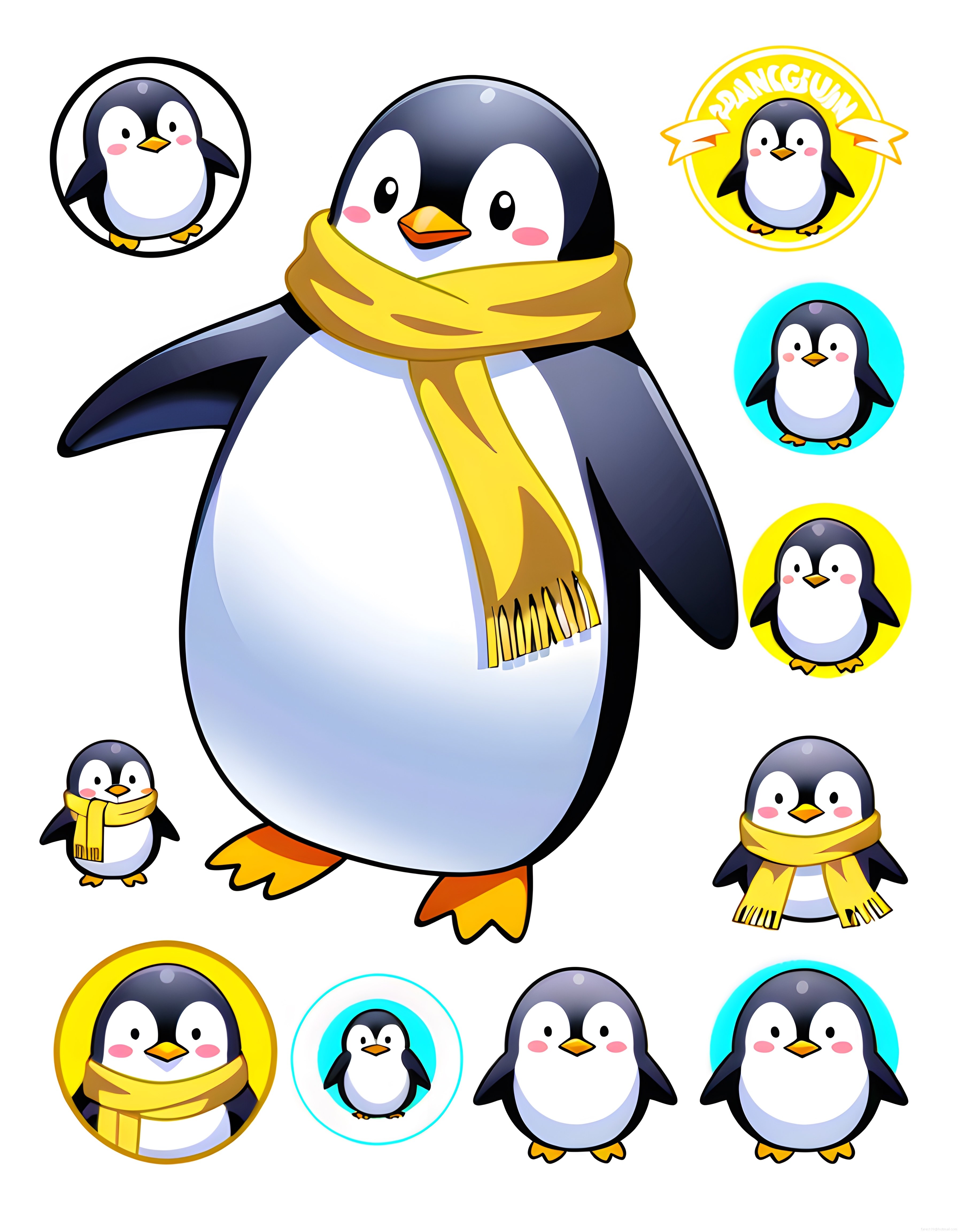 Sevimli sarı atkılı penguen karakterleri vektör logo çizim seti