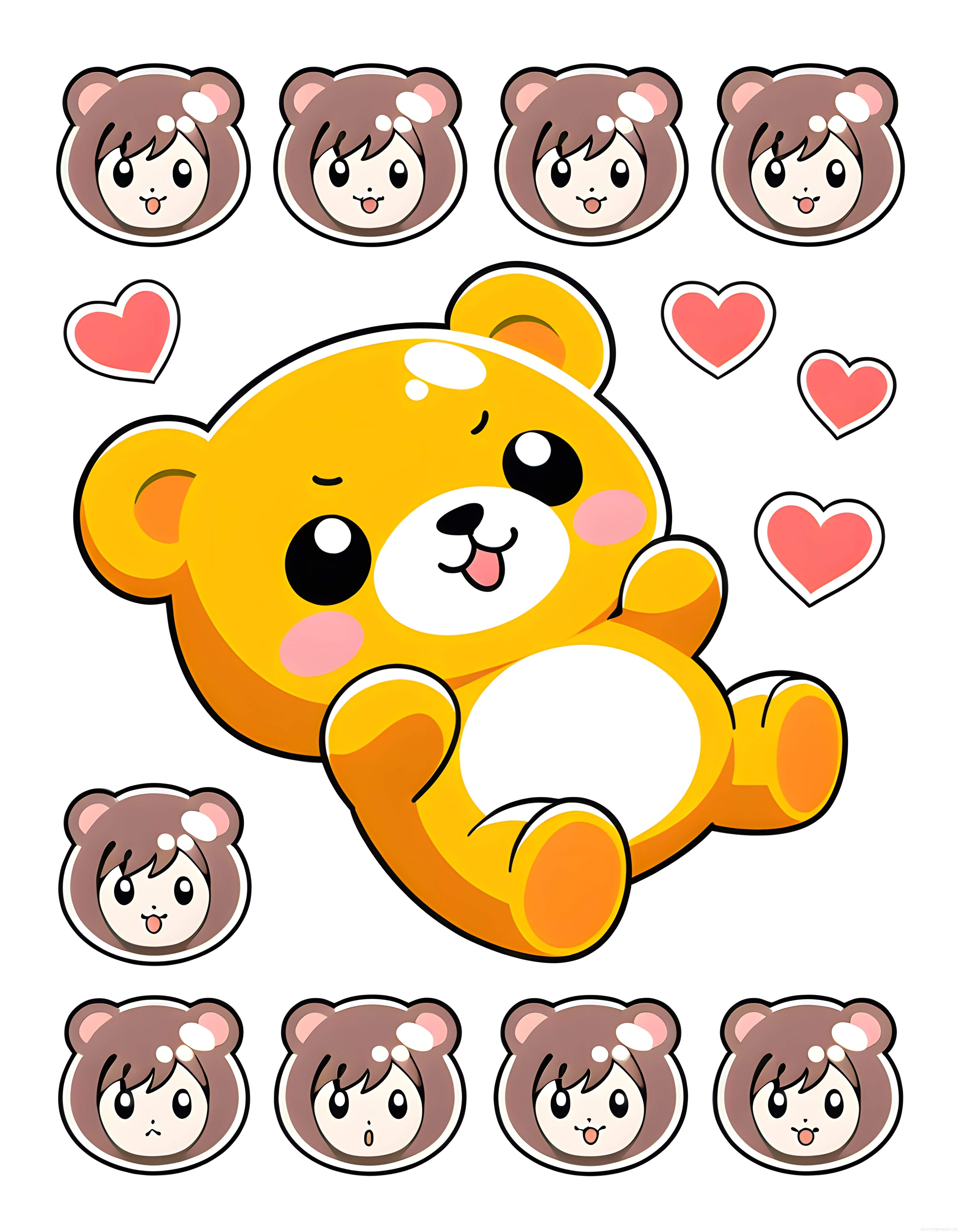 Sevimli Sarı Ayıcık ve Ayı Şapkalı Kız Sticker Kawaii Dijital Çizim Seti