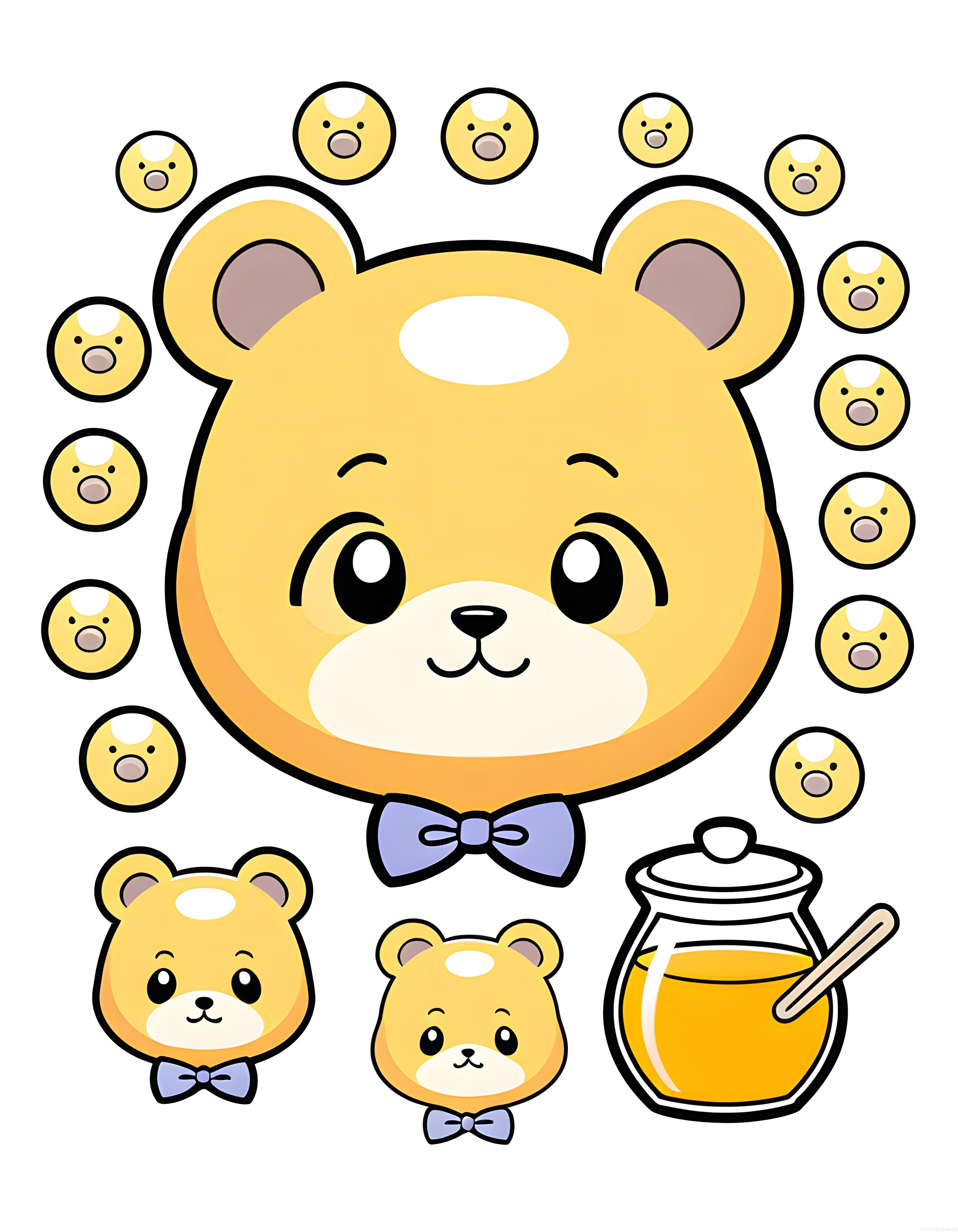 Sevimli Sarı Bal Ayısı Çizimi, Kawaii Vektör Sticker ve Dijital Desen Seti