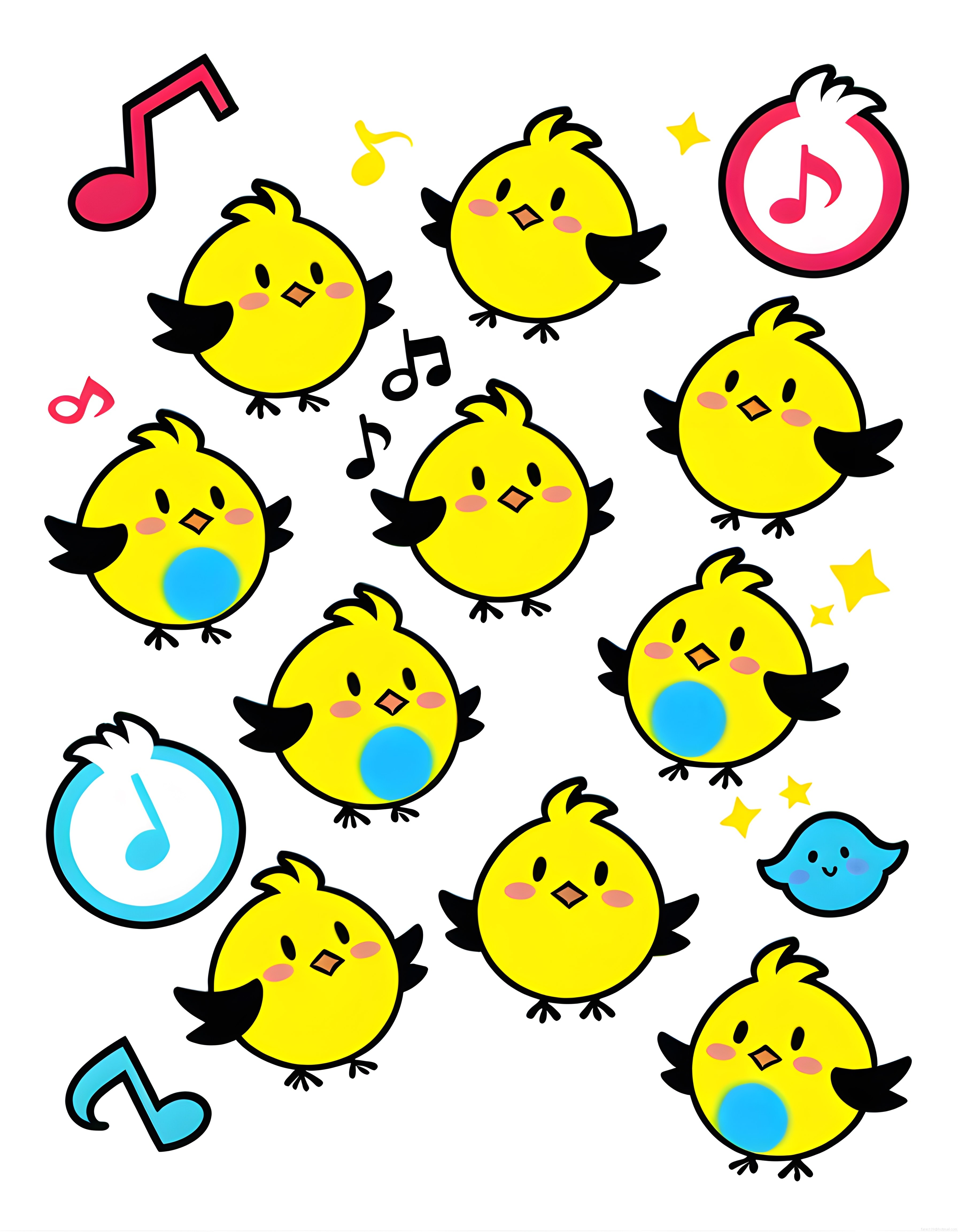 Sevimli Sarı Civcivler ve Müzik Notalarıyla Renkli Kawaii Animasyon Kolajı