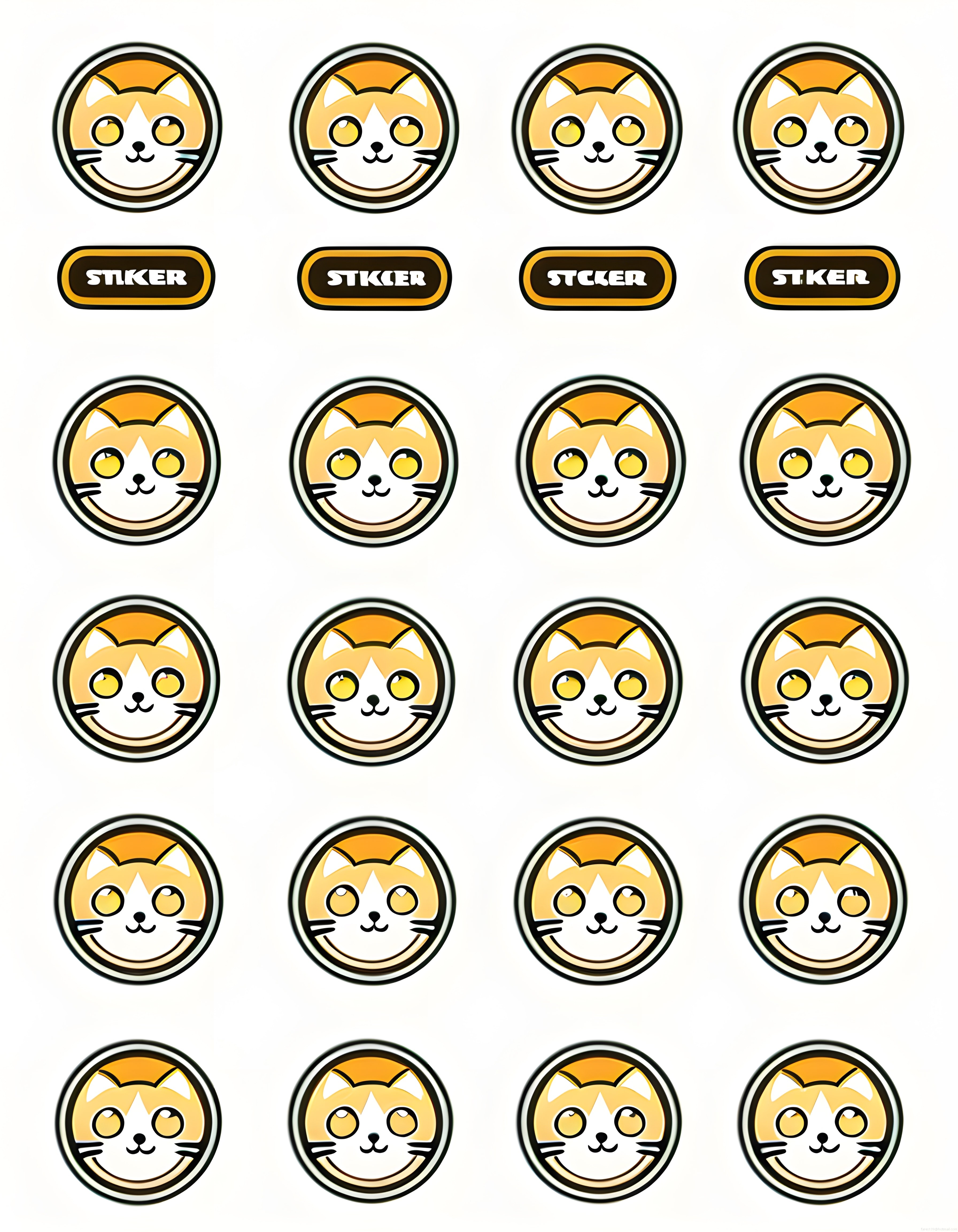 Sevimli sarı kedi yüzü sticker seti ve karikatür dijital çizim koleksiyonu