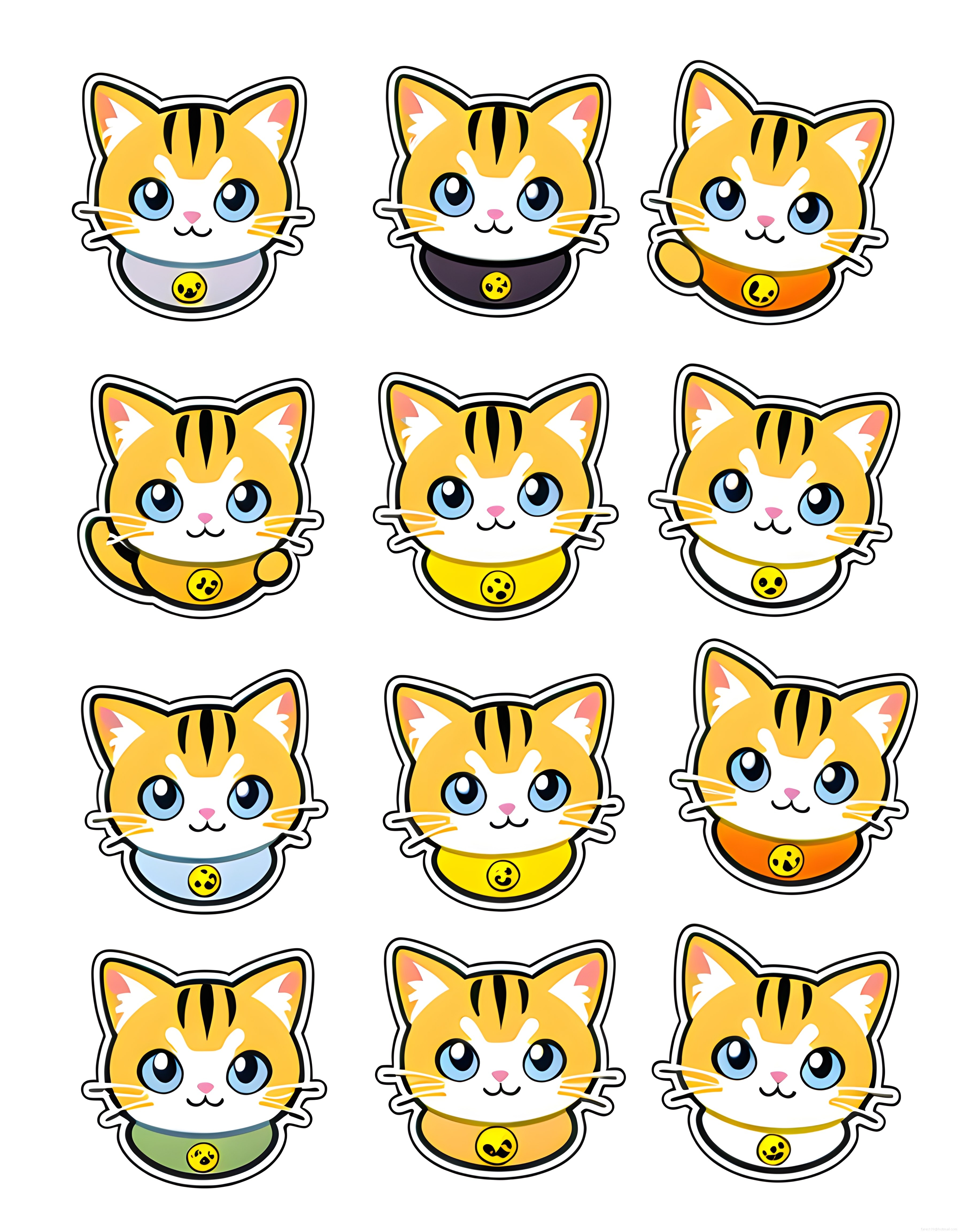 Sevimli Sarı Kedi Yüzü Sticker ve Emoji Seti: Farklı Açılar ve Renkler