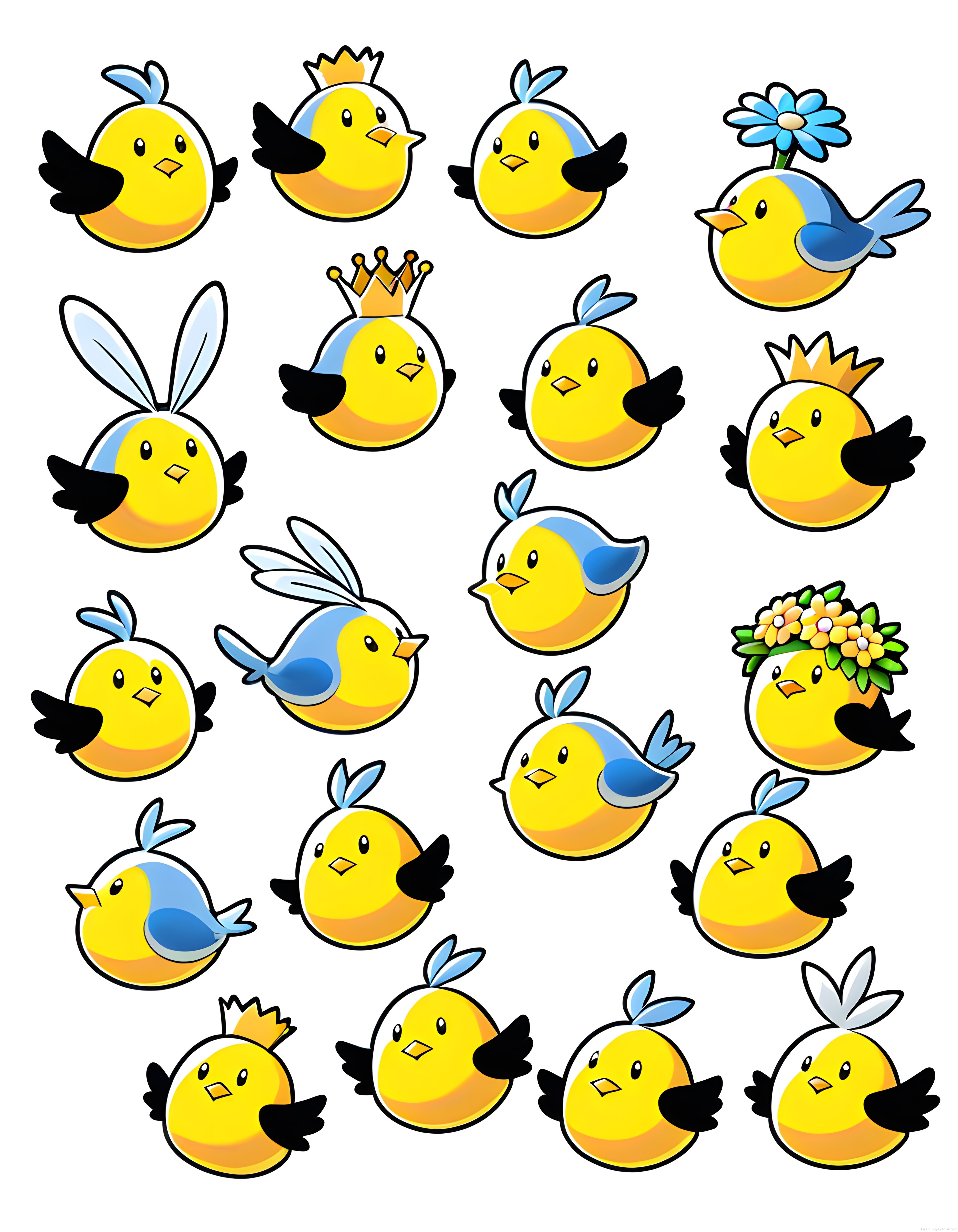 Sevimli Sarı Kuş Yavrusu Çizimleri: Taçlı, Uçan ve Tavşan Kulaklı Karikatür Sticker Seti