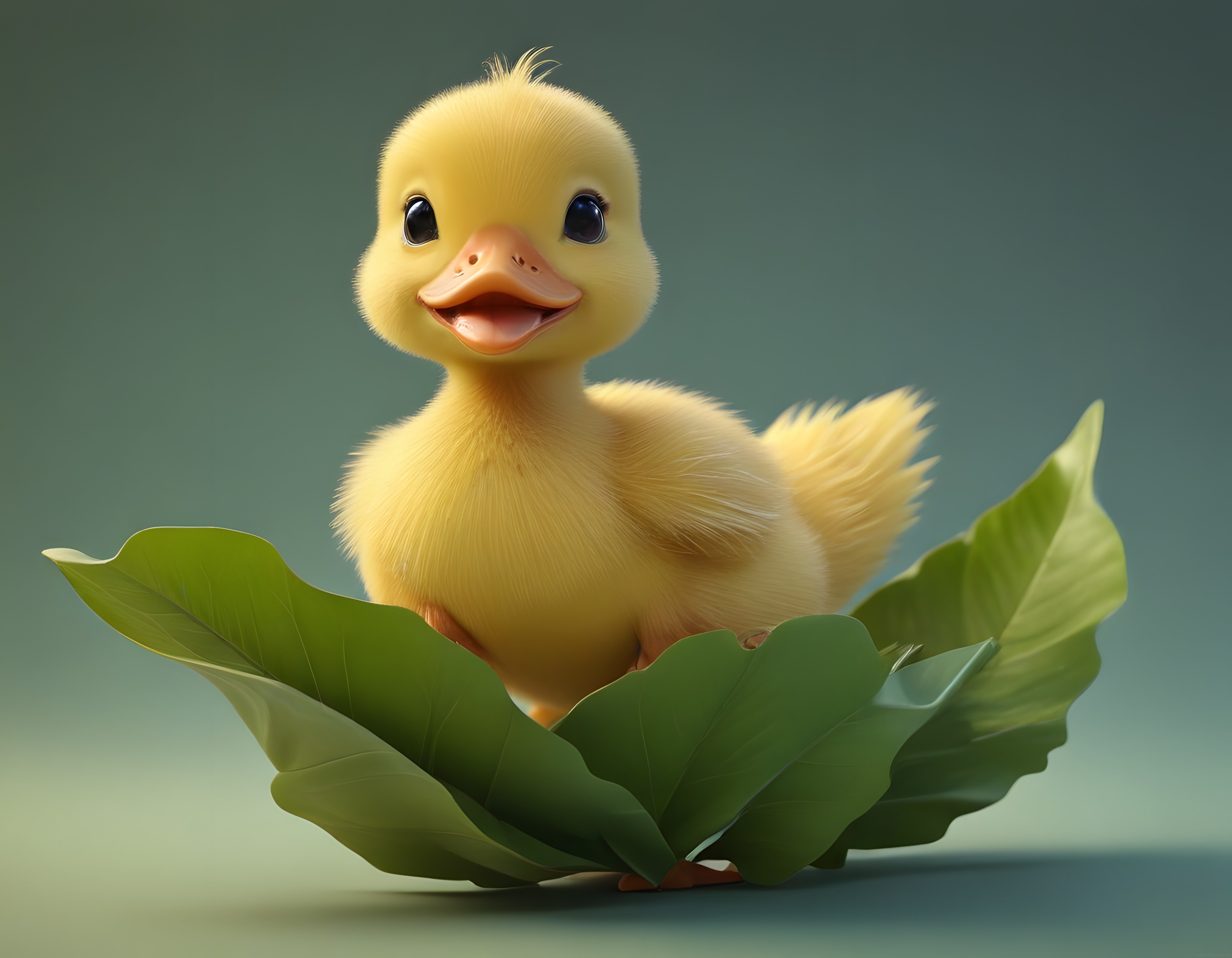 Sevimli Sarı Ördek Yavrusu Büyük Yeşil Yaprak Üzerinde 3D Karakter Tasarımı