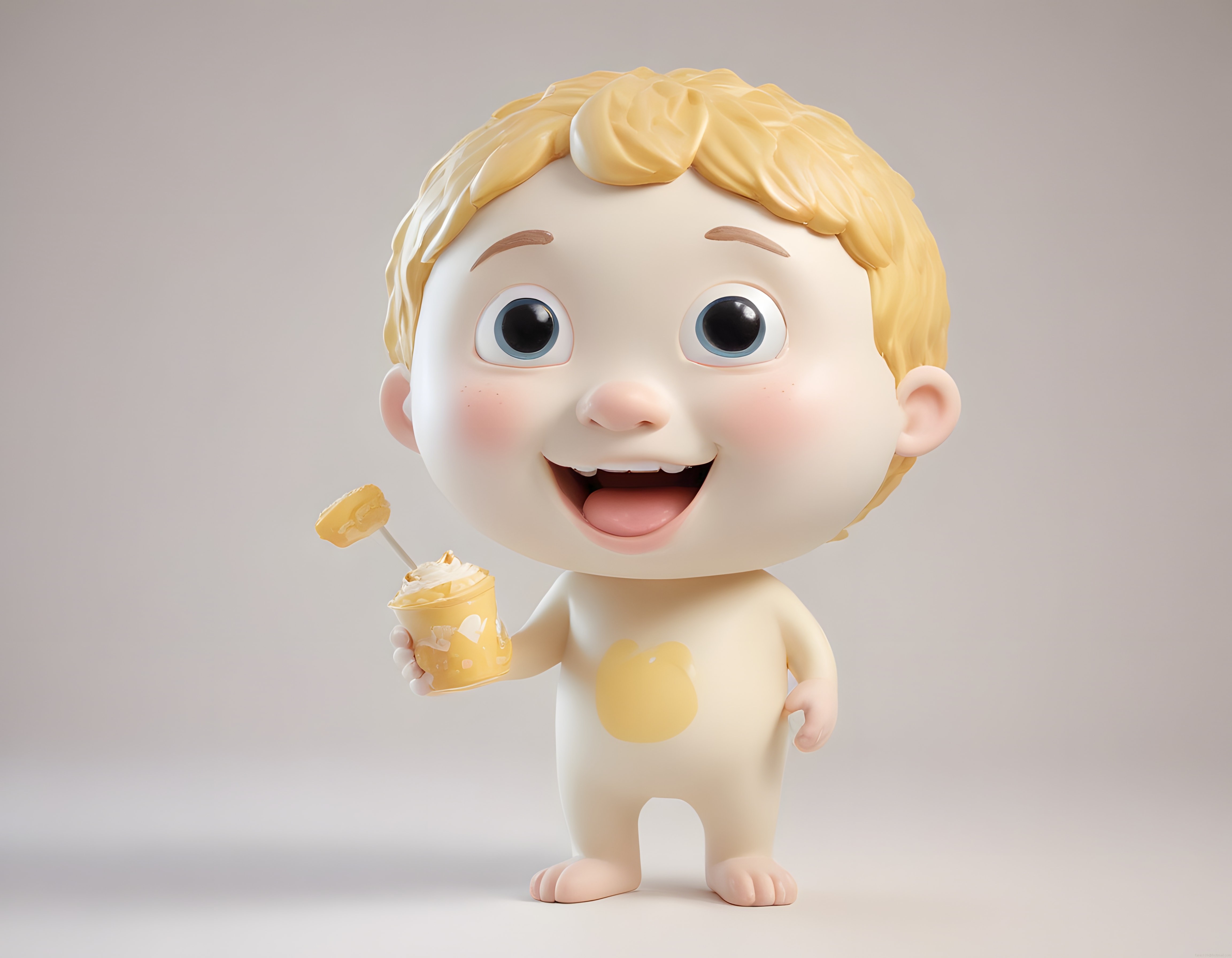 Sevimli Sarı Saçlı 3D Animasyon Bebeği ve Eldeki Renkli Tatlı İçecek
