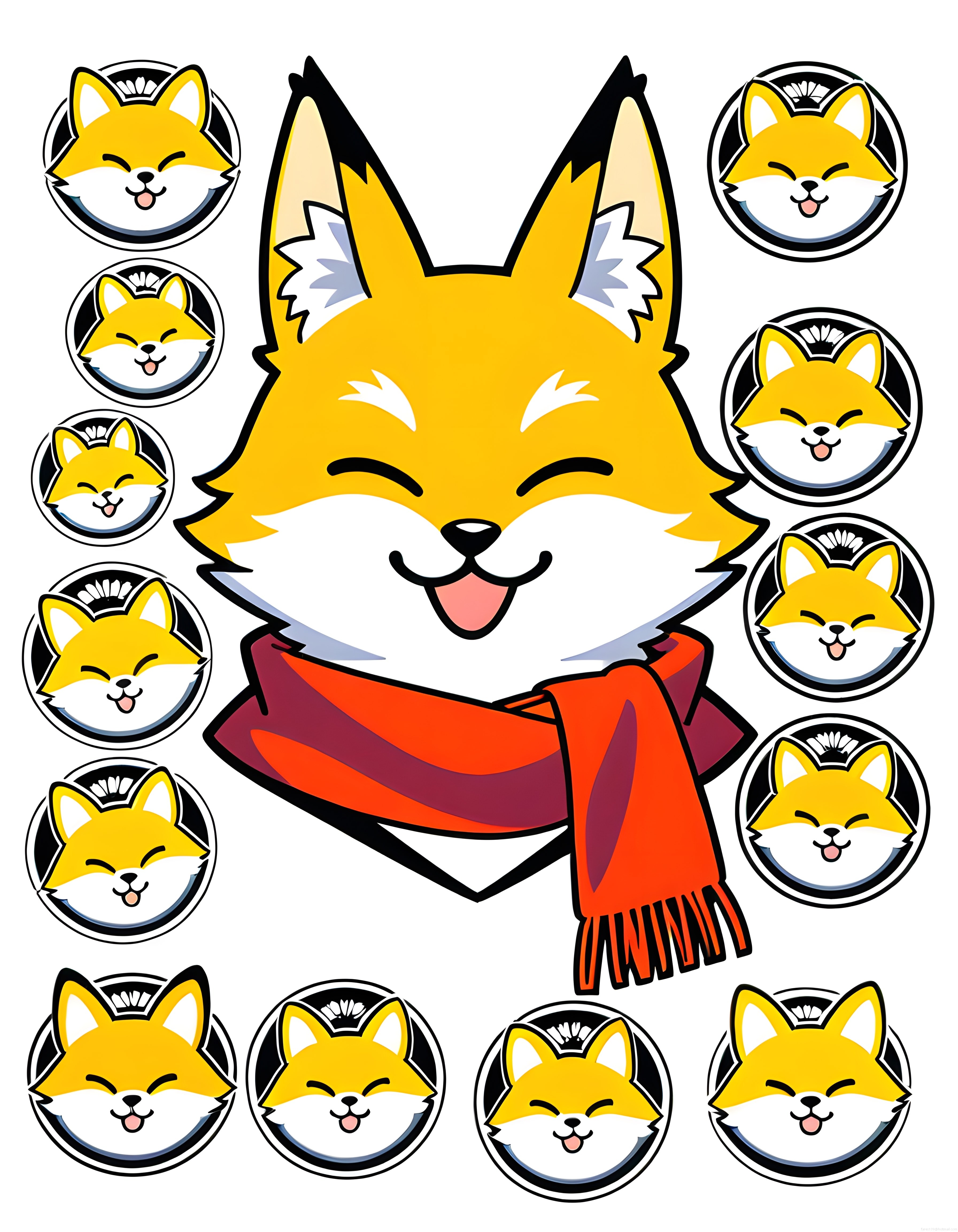 Sevimli Sarı Tilki Maskot Karakteri Kırmızı Atkılı Çizim ve Sticker Seti