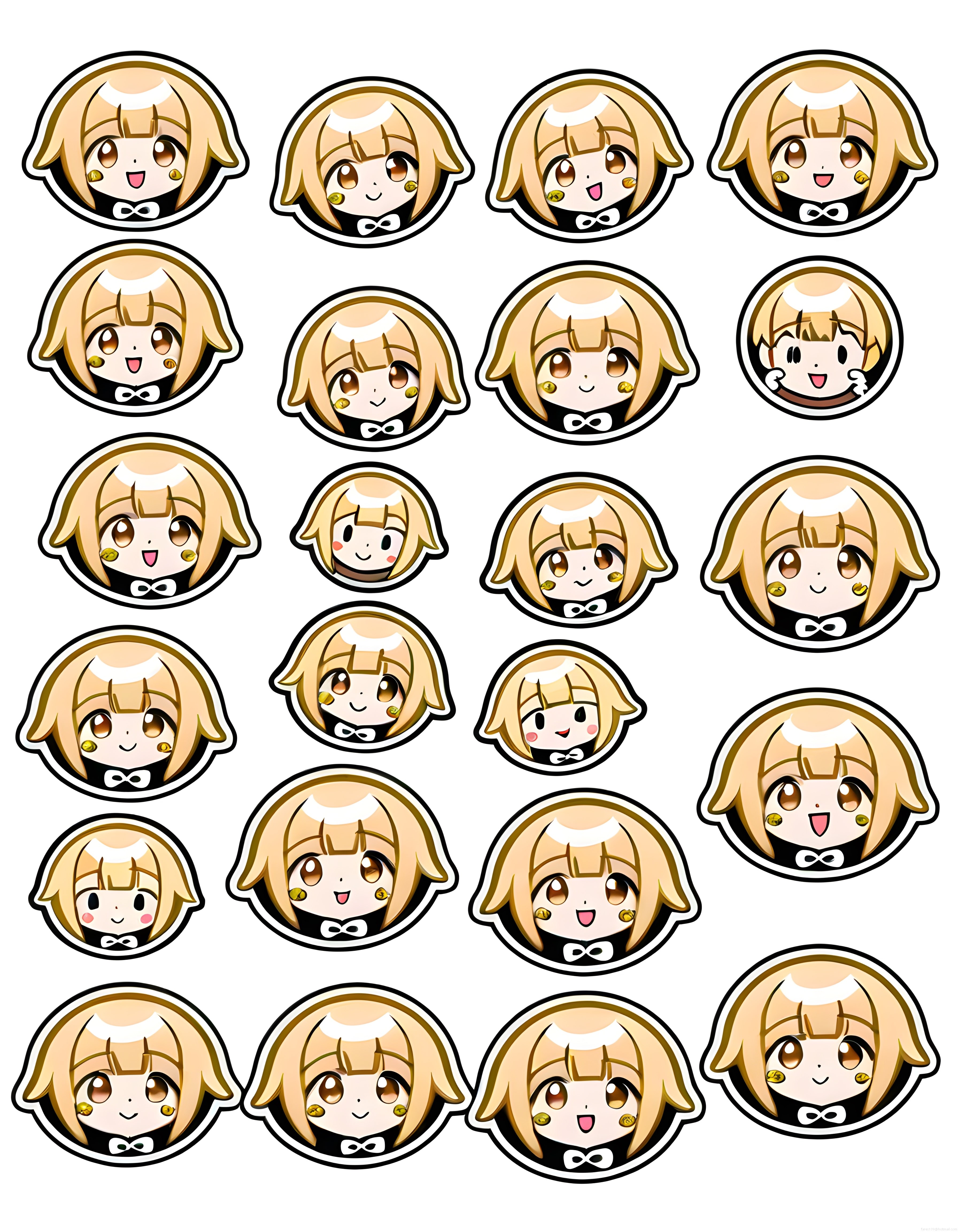 Sevimli Sarışın Chibi Anime Karakter Çıkartma Seti ve Farklı Yüz İfadeleri