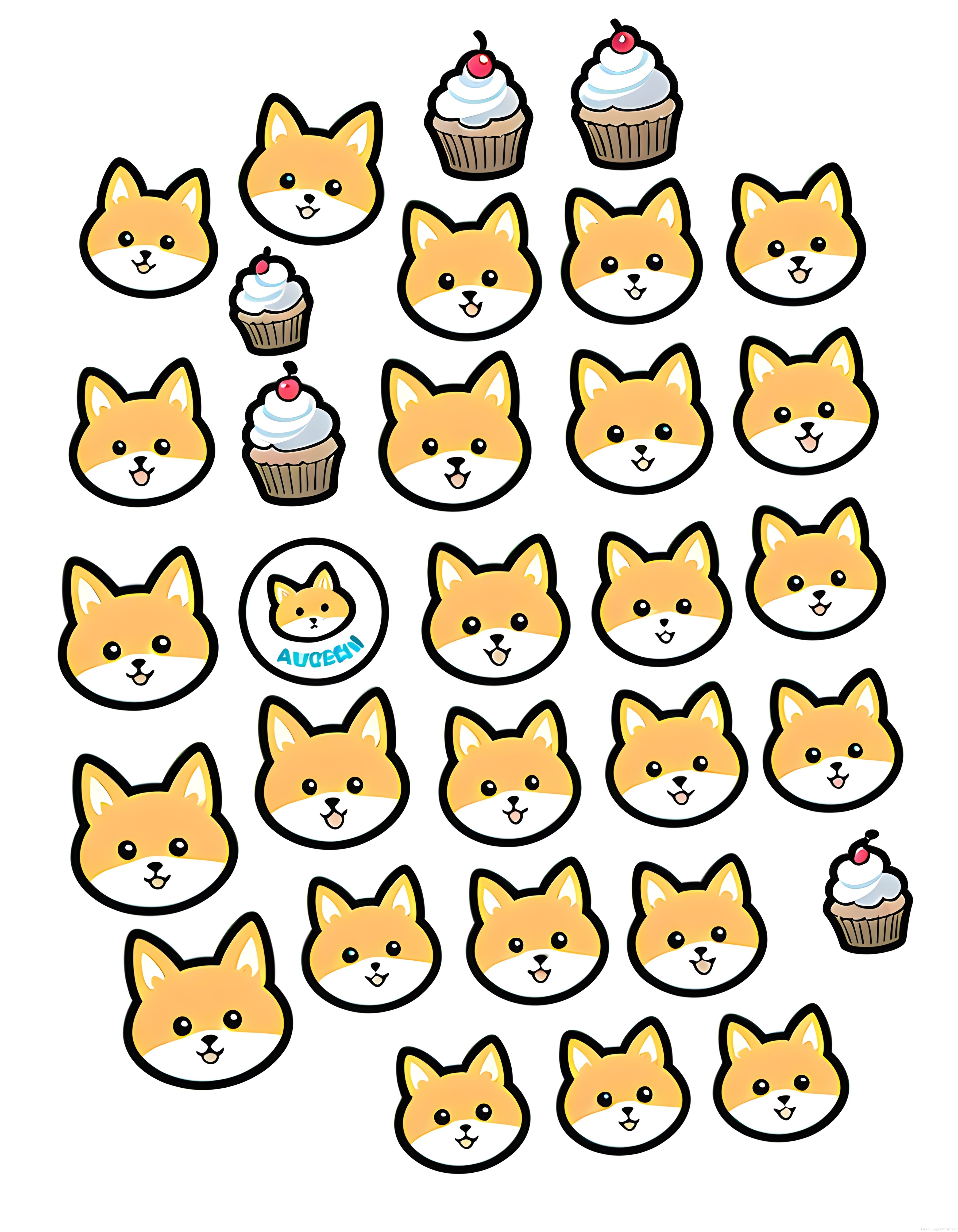 Sevimli Shiba Inu ve Cupcake Stickerları: Kawaii Tarzı Tatlı Çizim Koleksiyonu