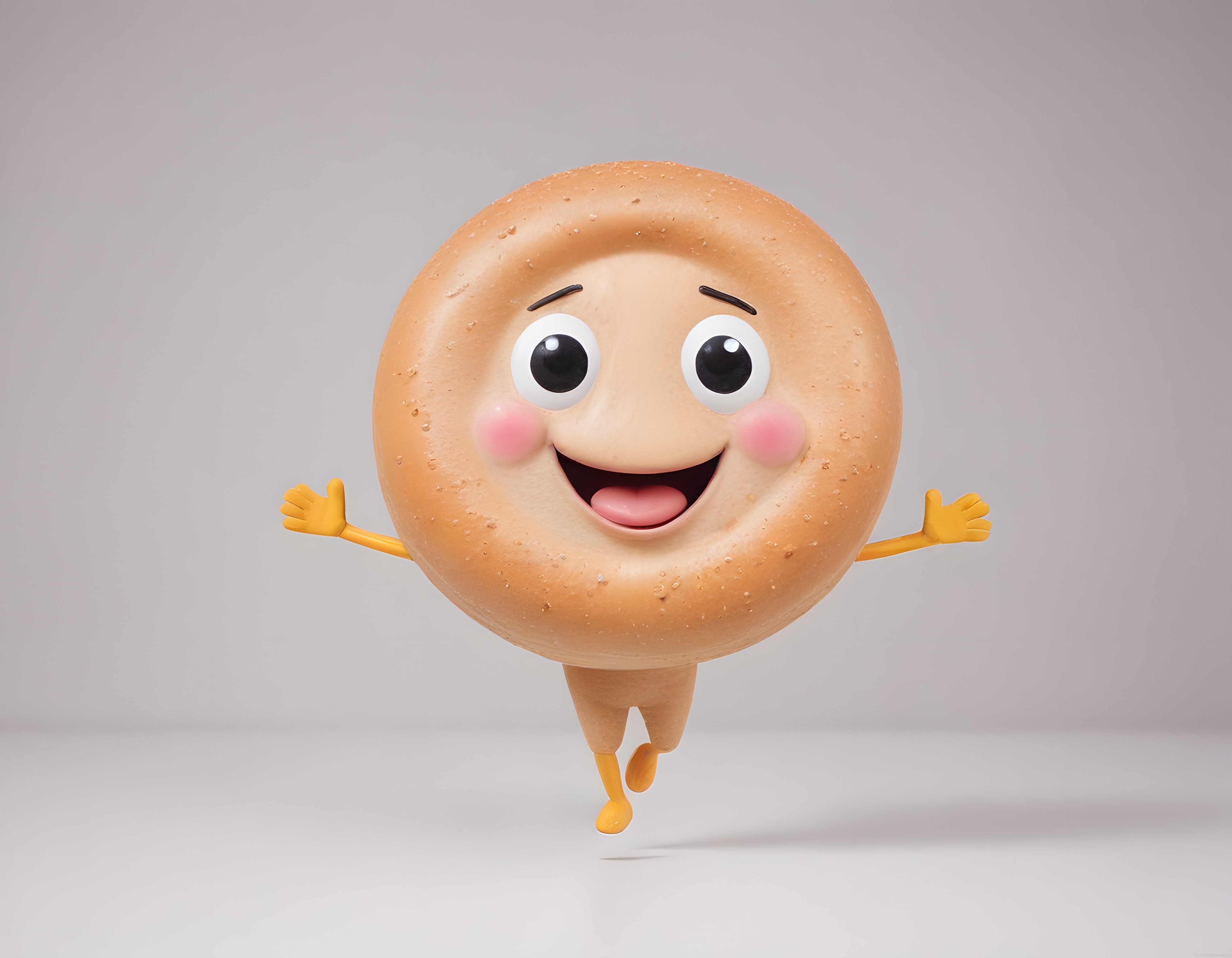 Sevimli simit maskotu: mutlu 3d halka ekmek karakteri ve yemek tasarımı