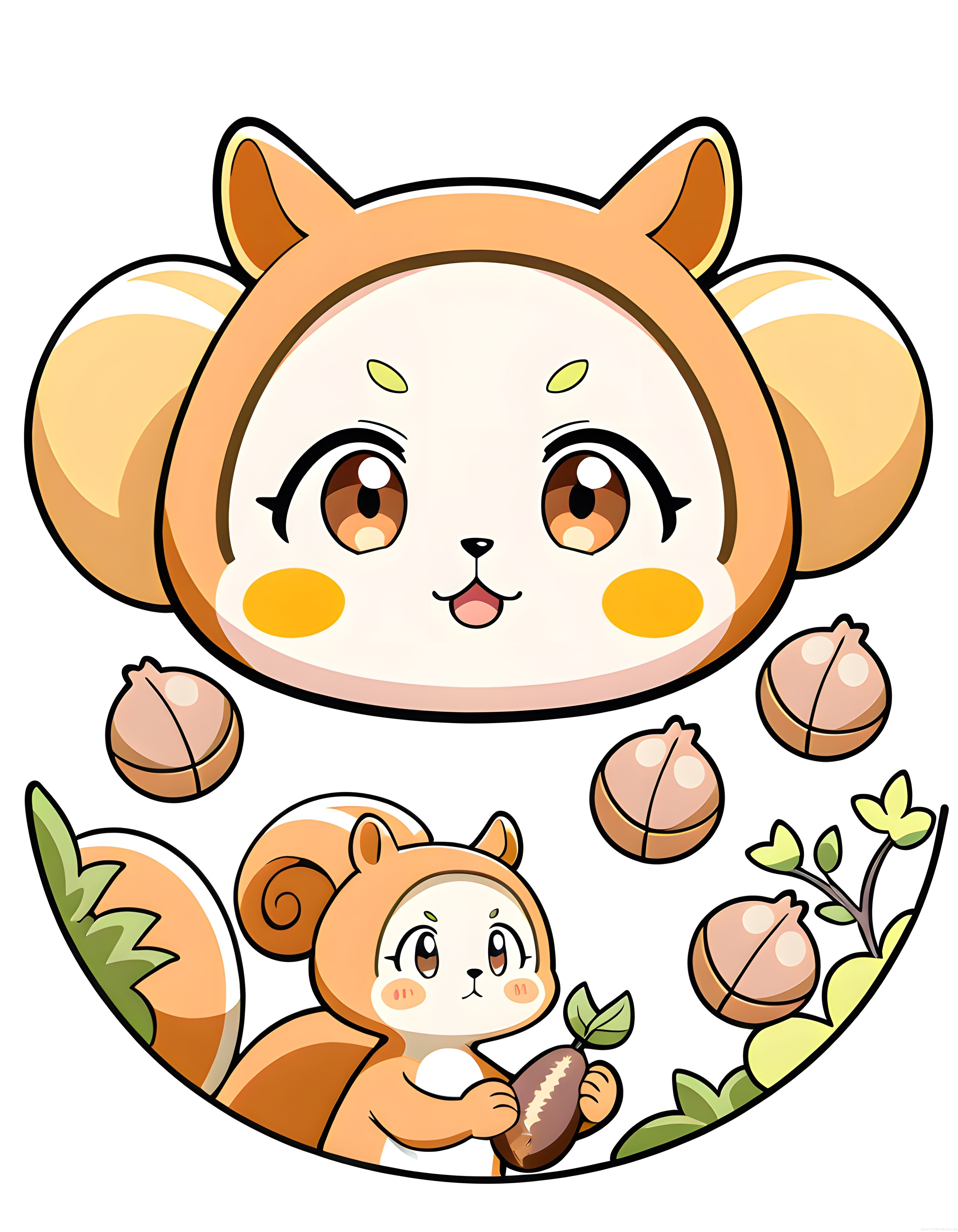 Sevimli Sincap Kostümlü Kawaii Karakter ve Fındıklar Dijital Sanat
