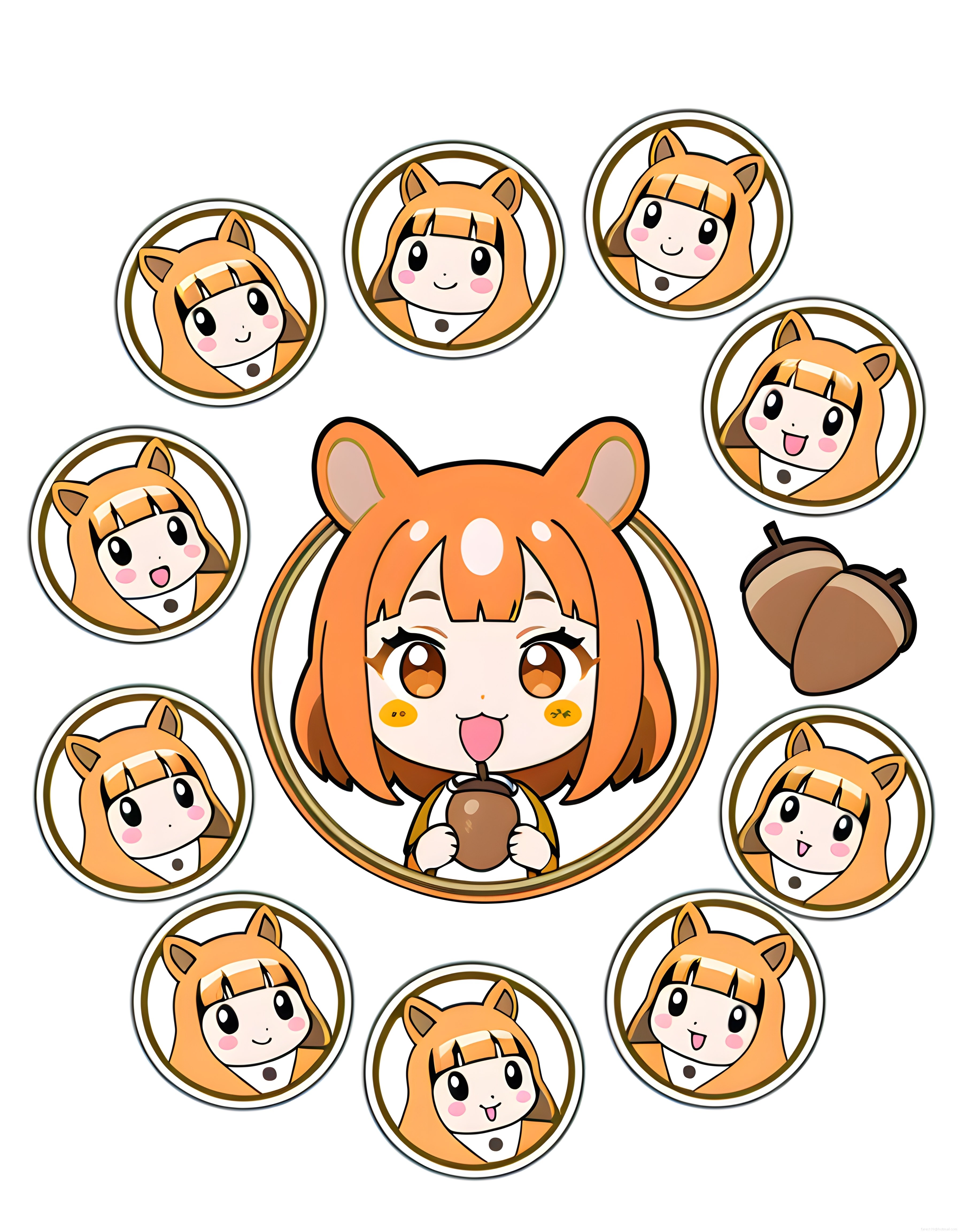 Sevimli Sincap Kulaklı Anime Kız Karakteri ve Duygusal Emoji Sticker Seti