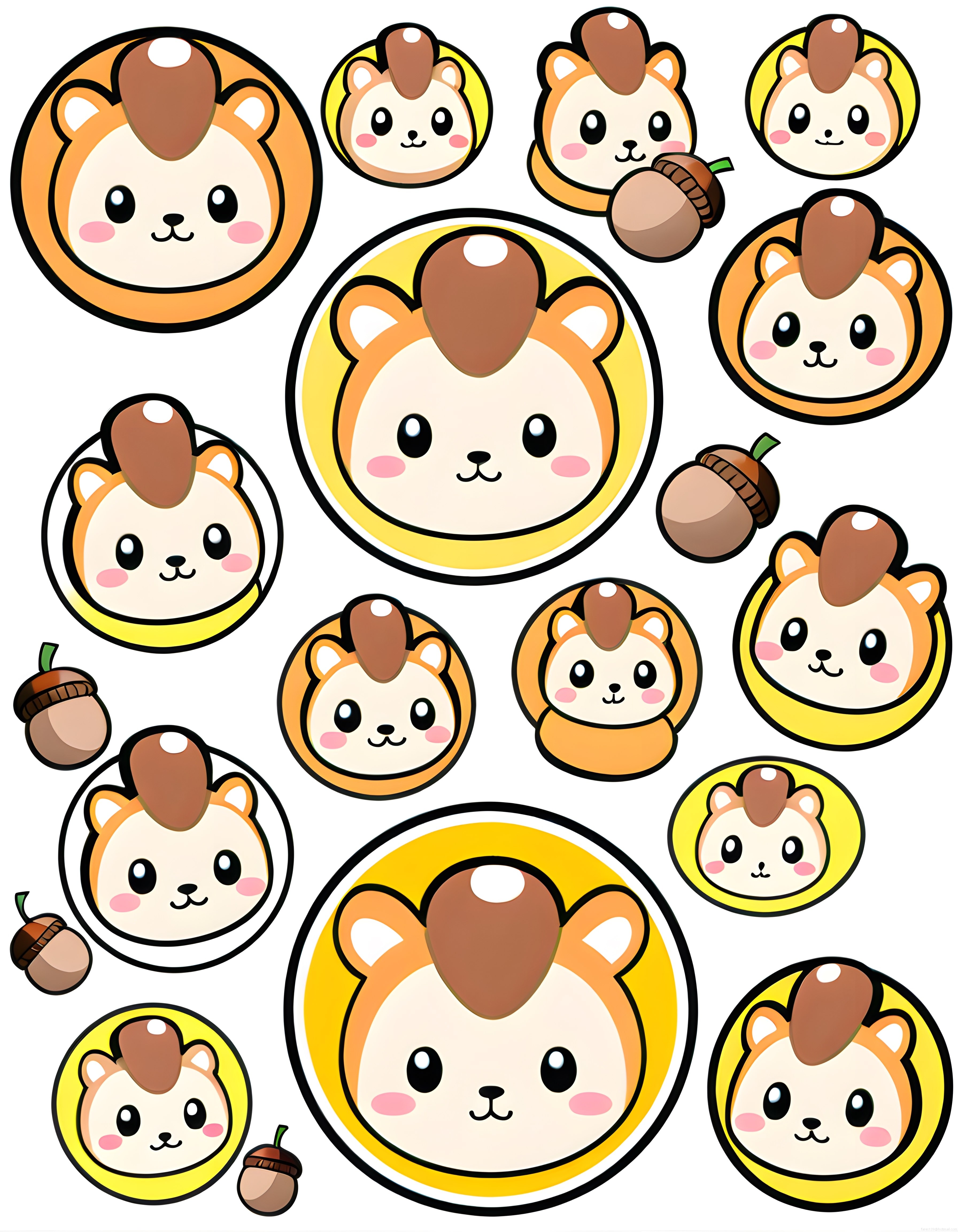 Sevimli Sincap ve Palamut Çıkartma Seti: Kawaii Dijital İllüstrasyon