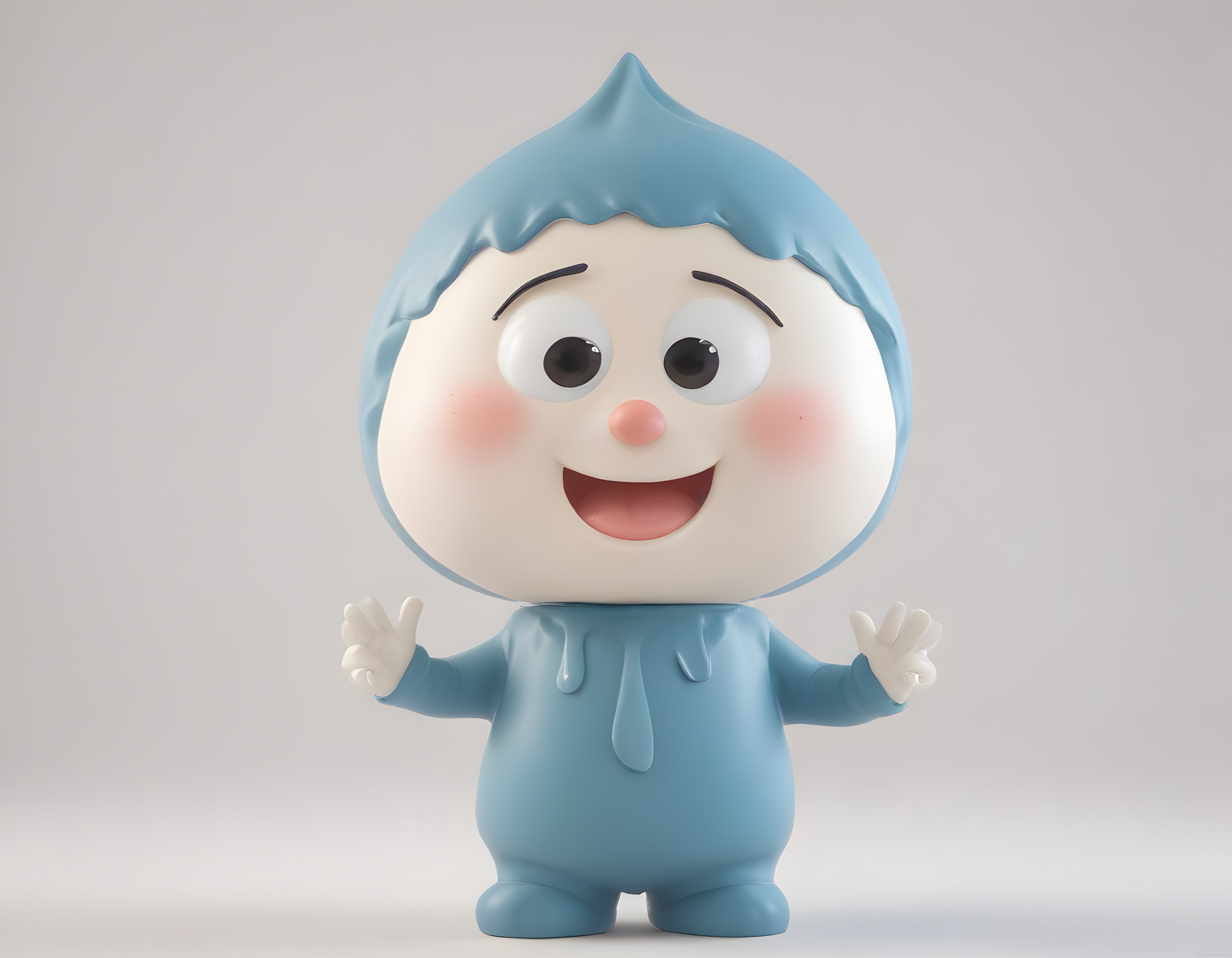Sevimli su damlası temalı 3D maskot karakter, parlak mavi kostümü ve neşeli ifadesiyle öne çıkıyor