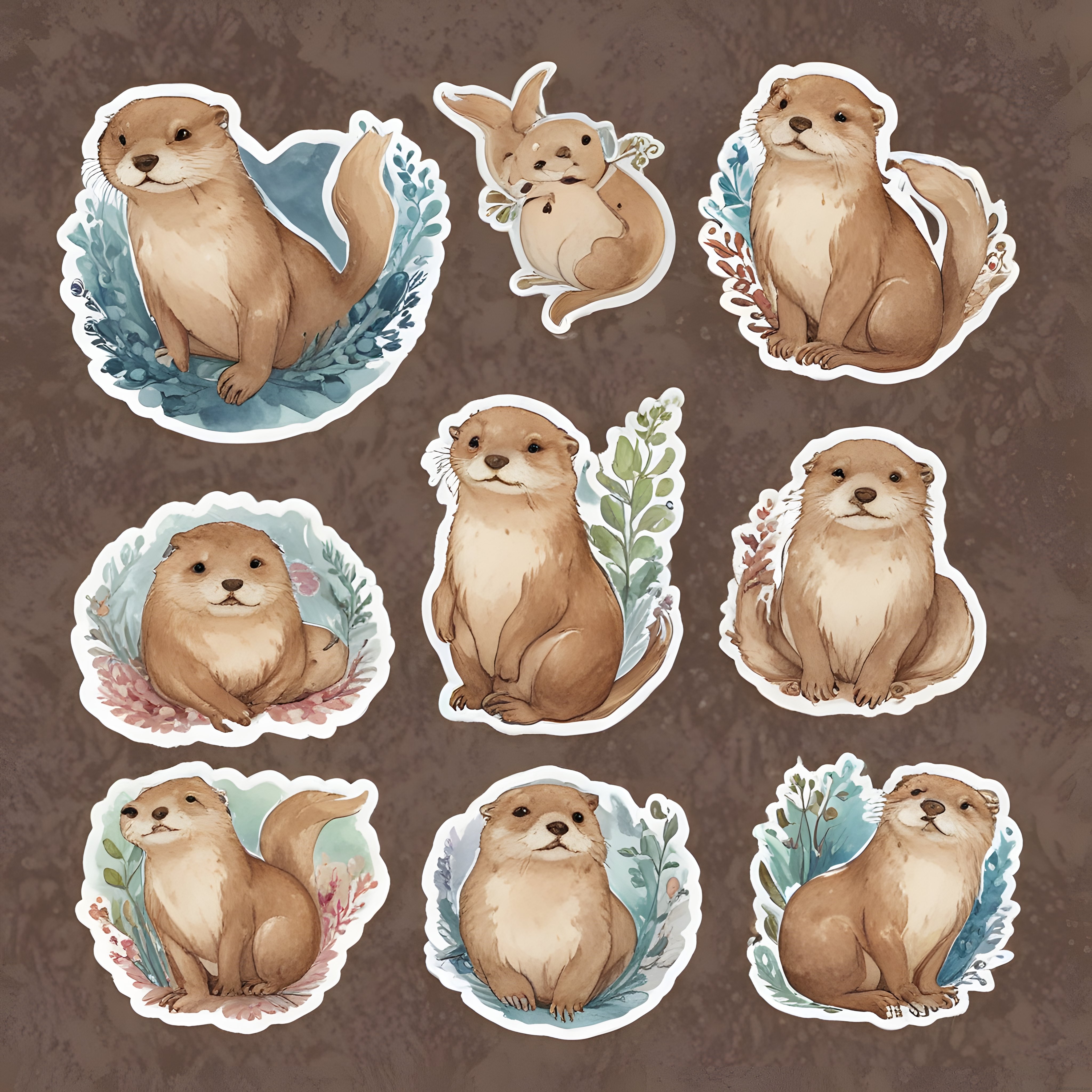 Sevimli Su Samuru Sticker Seti ve Suluboya Tarzı Dijital İllüstrasyonlar