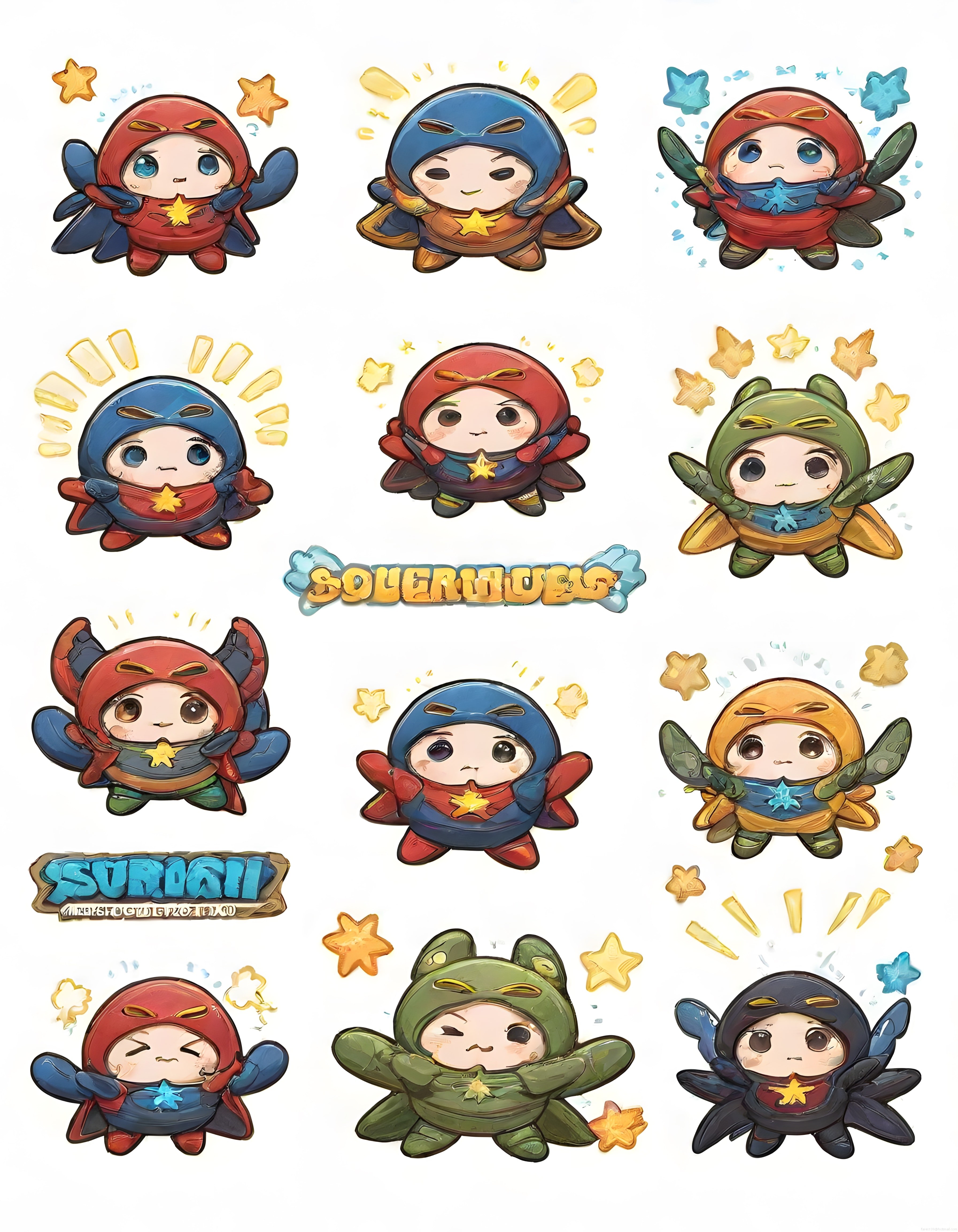 Sevimli Süper Kahraman Böcek Kostümlü Chibi Karakter ve Sticker Seti
