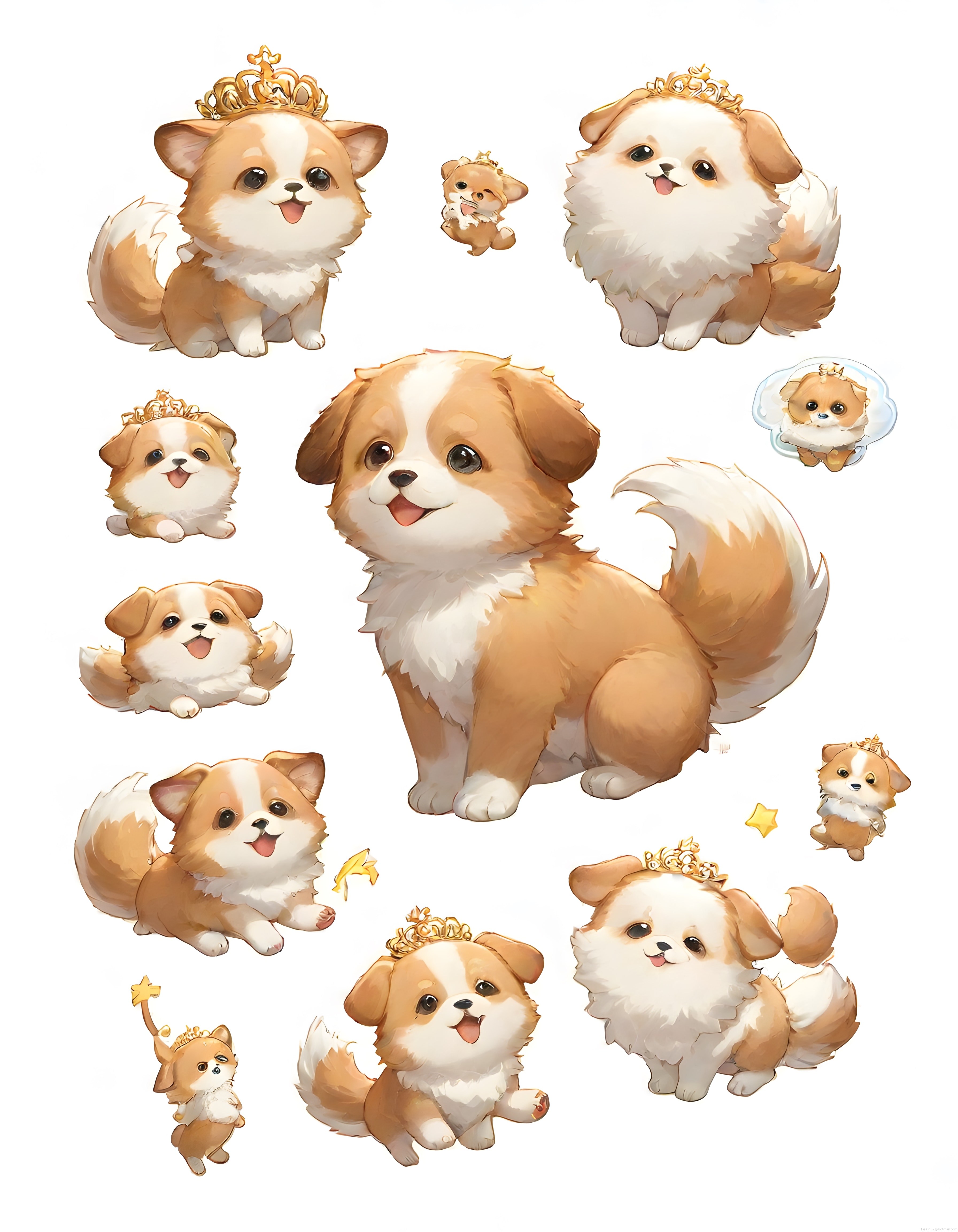 Sevimli Taçlı Yavru Köpek Dijital Sticker Seti ve Kawaii Karakterler