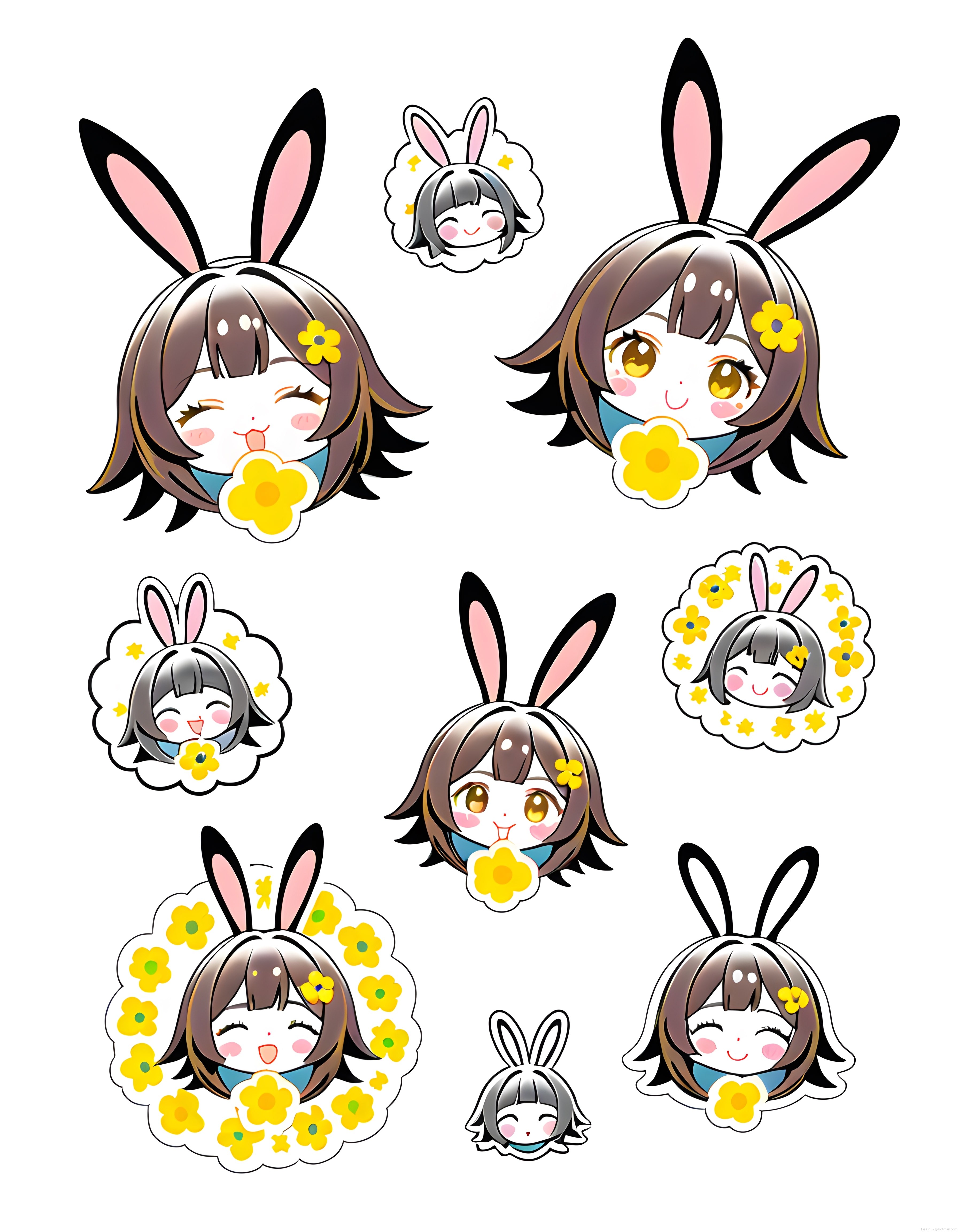 Sevimli tavşan kulaklı anime kız çizim sticker seti ve dijital illüstrasyon