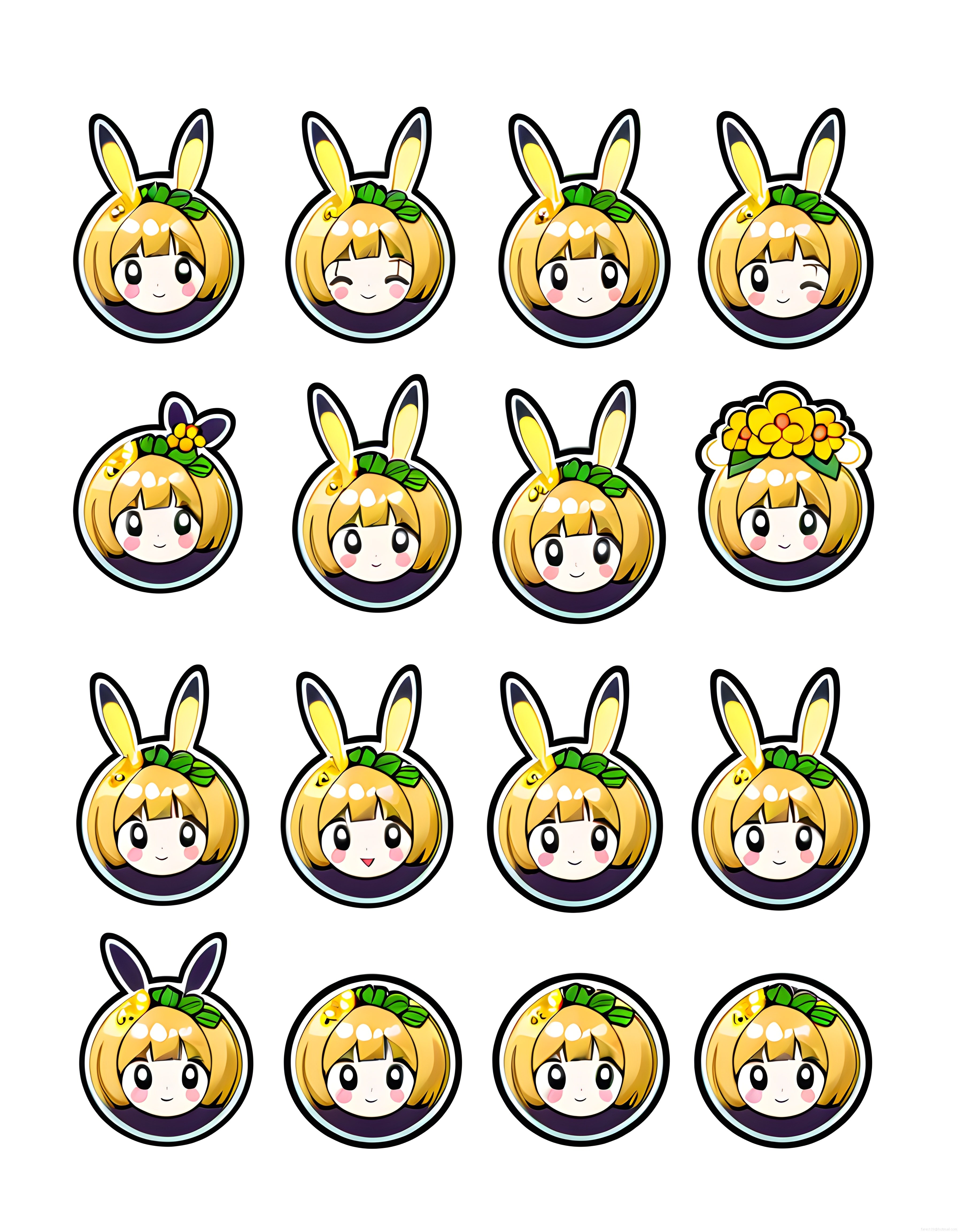 Sevimli Tavşan Kulaklı Anime Kız Çizimleri ve Dijital Sticker Rozet Seti