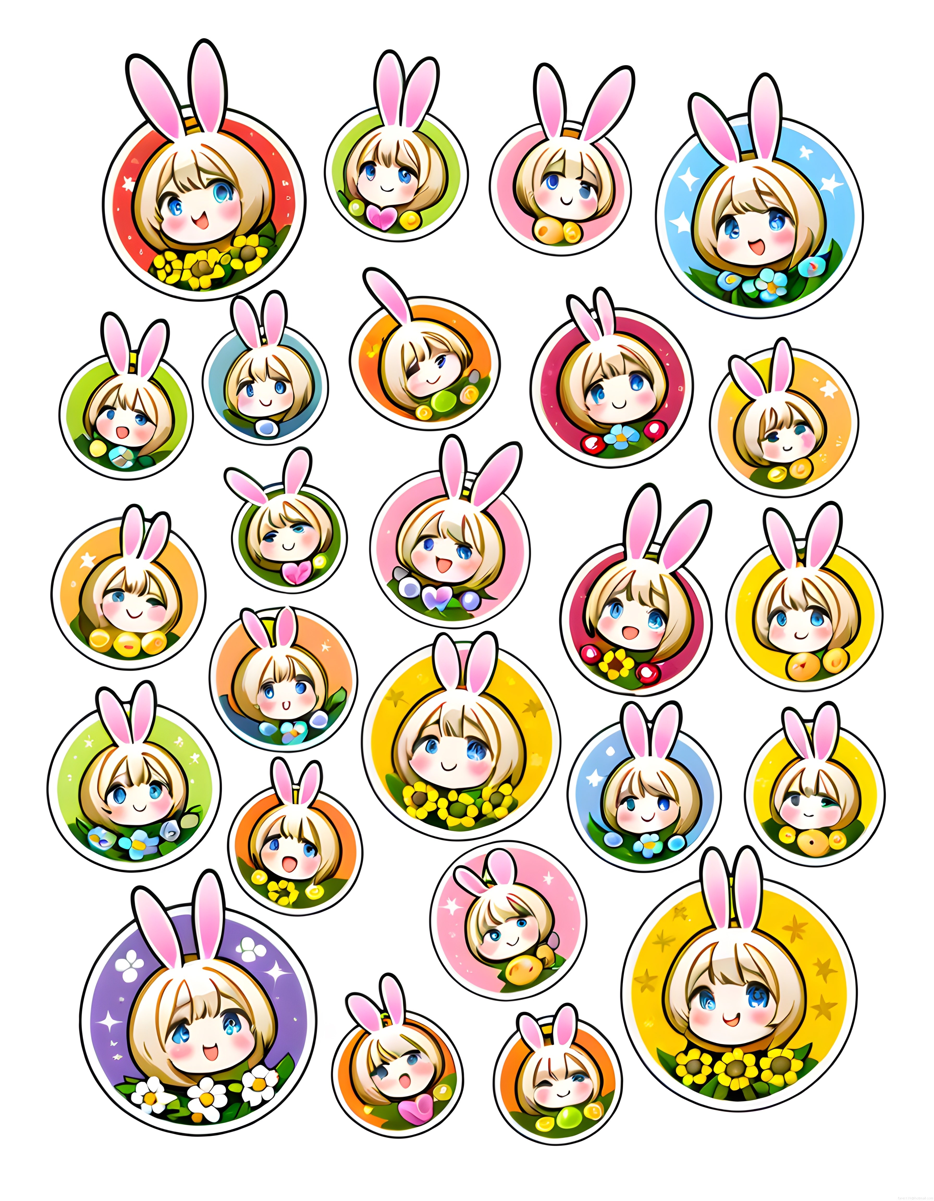 Sevimli Tavşan Kulaklı Anime Kız Karakterleri ve Renkli Dijital Sticker Seti