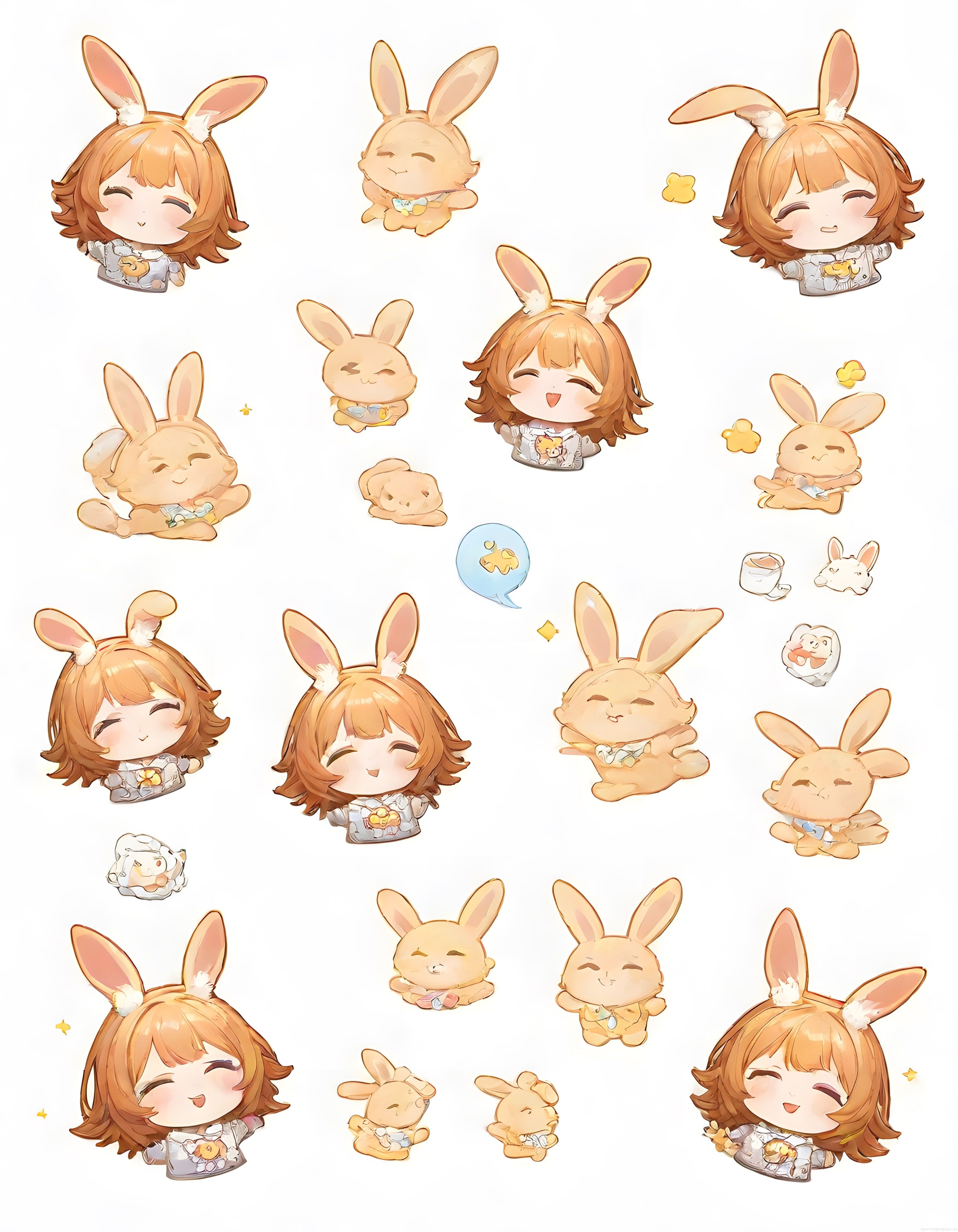 Sevimli Tavşan Kulaklı Chibi Anime Karakterleri ve Minik Tavşanlar Koleksiyonu
