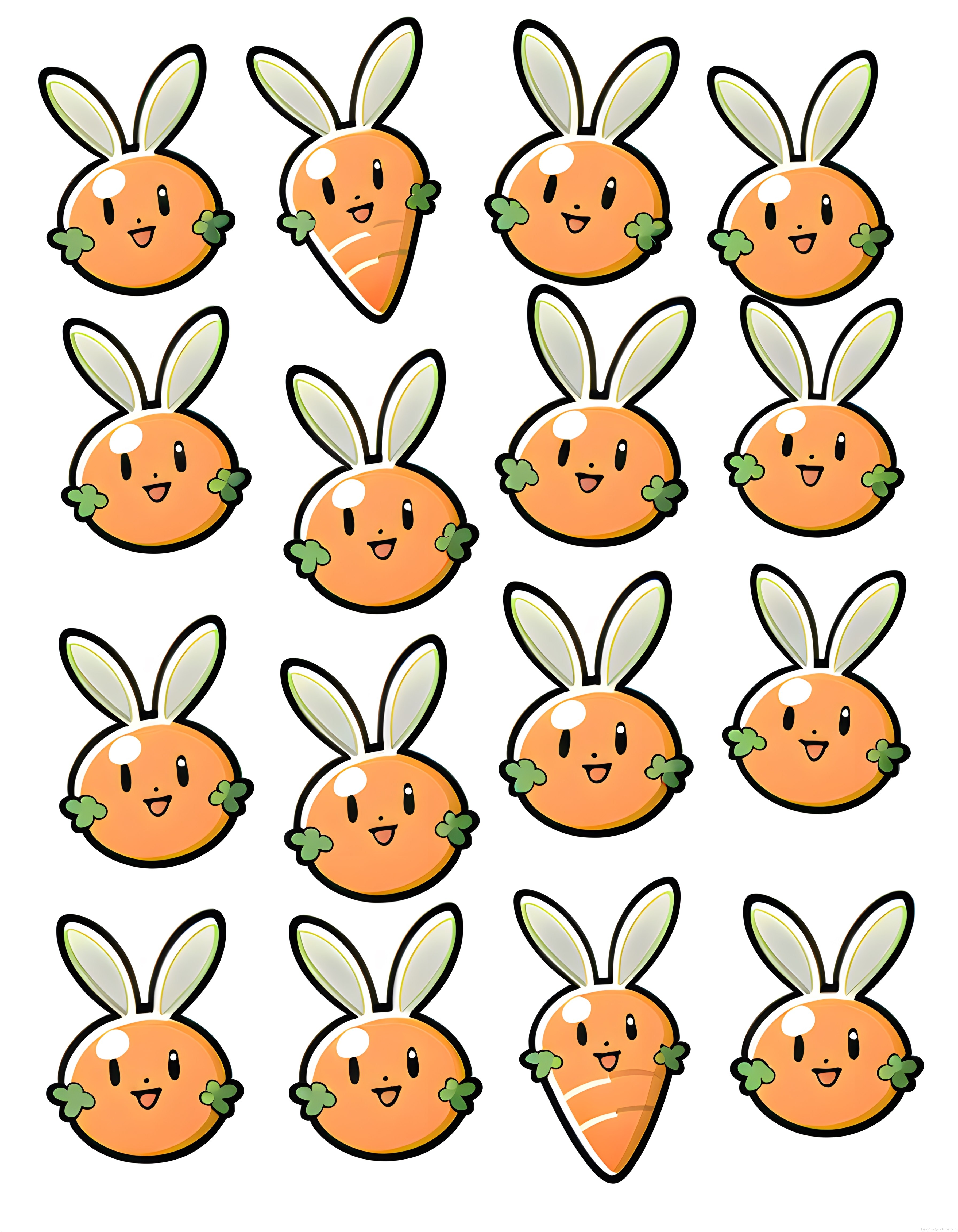 sevimli tavşan kulaklı havuç karakterleri kawaii çıkartma seti grafik çizim