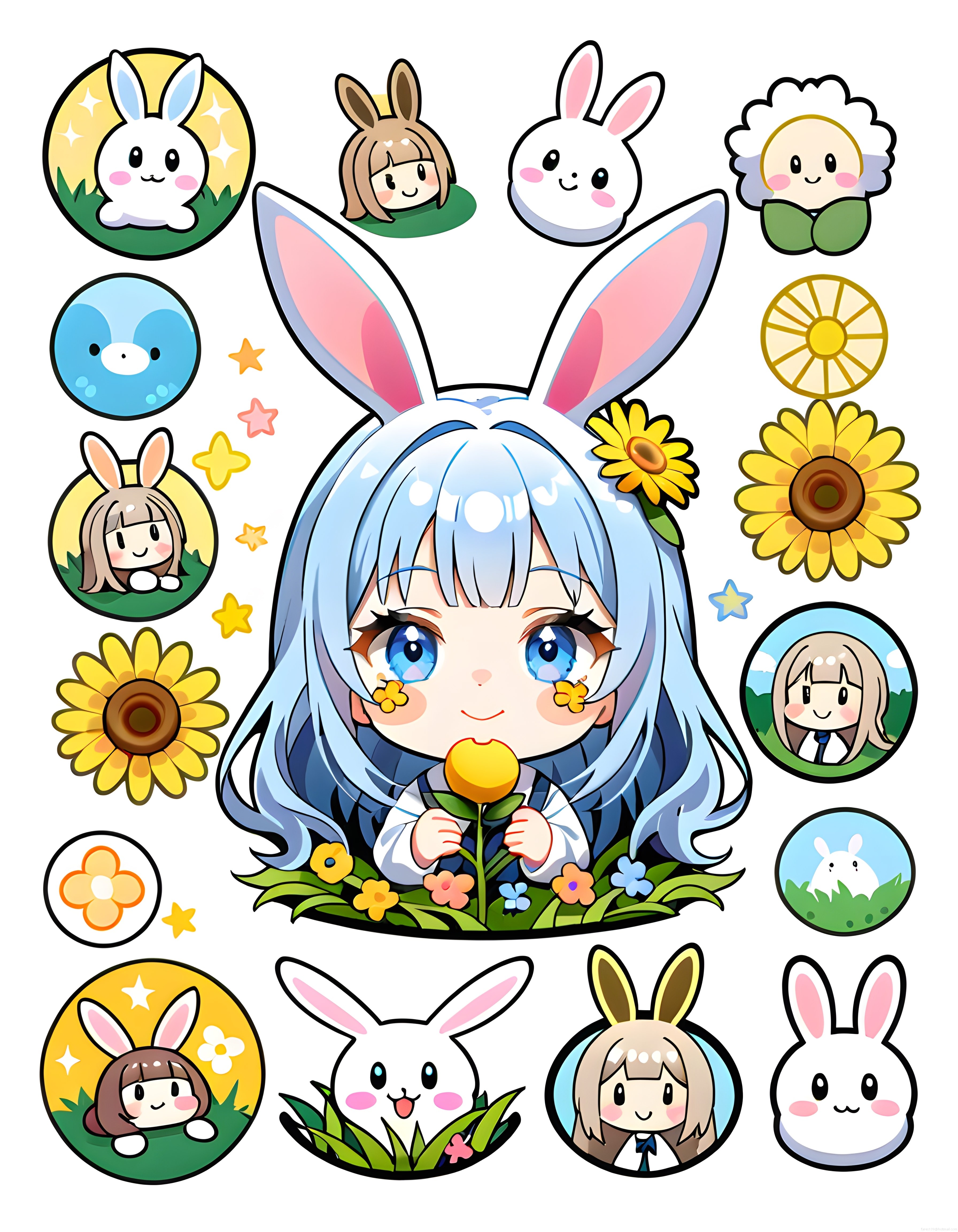 Sevimli Tavşan Kulaklı Mavi Saçlı Anime Kız Karakteri ve Çiçekli Sticker Seti