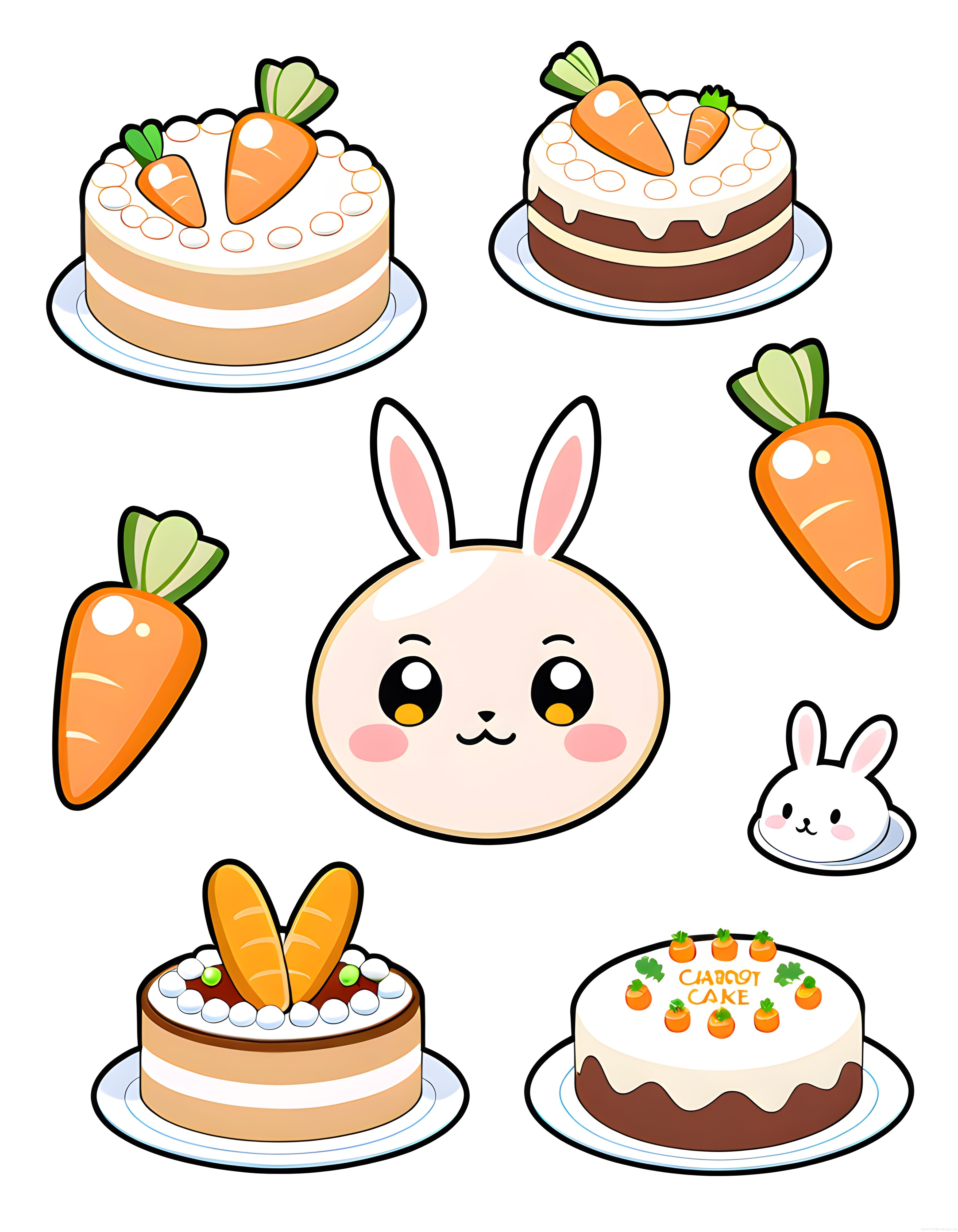 Sevimli Tavşan ve Havuçlu Pasta Stickerleri: Kek Tasarım Çizim Seti