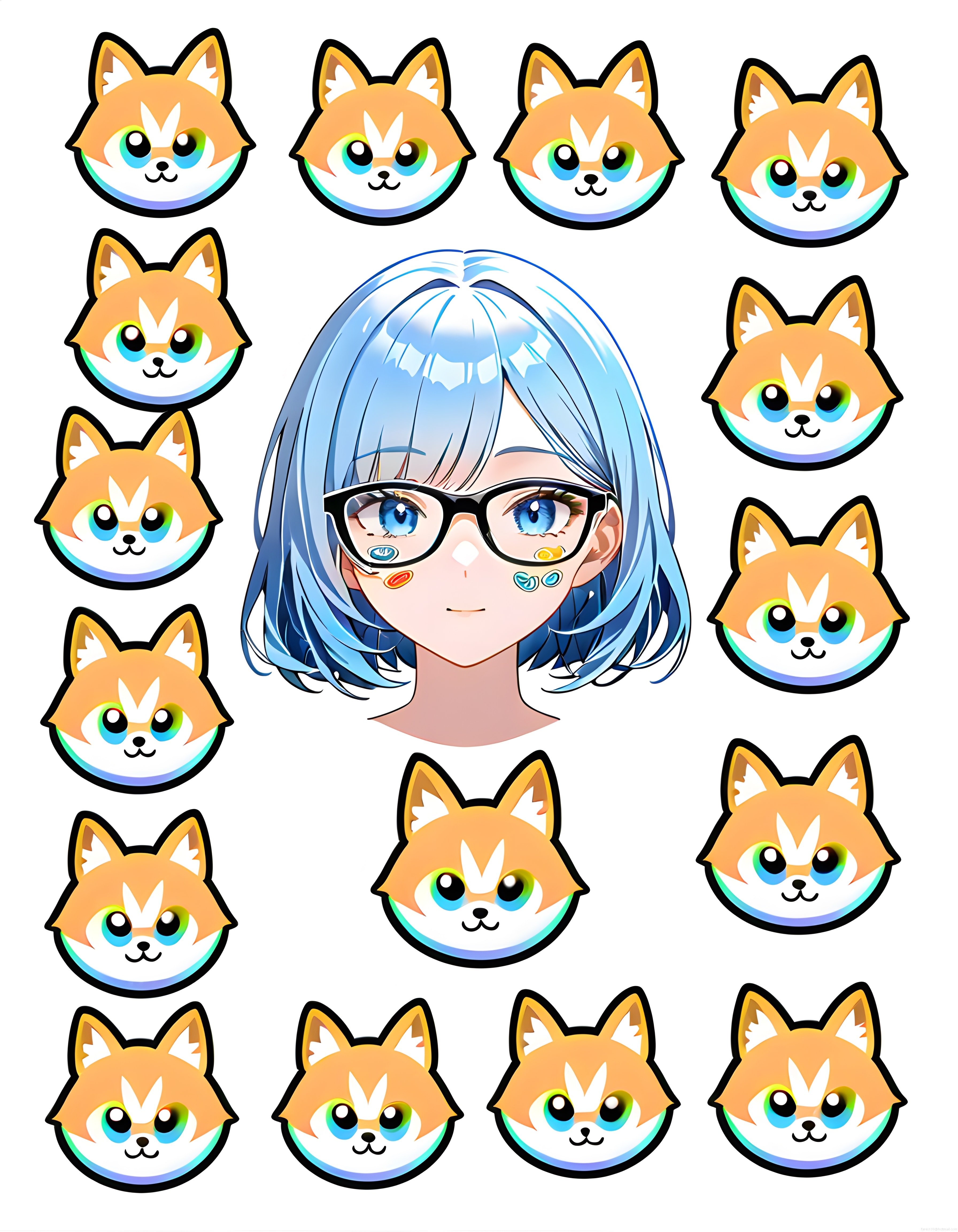 Sevimli tilki çerçevesinde mavi saçlı gözlüklü anime kız dijital illüstrasyon