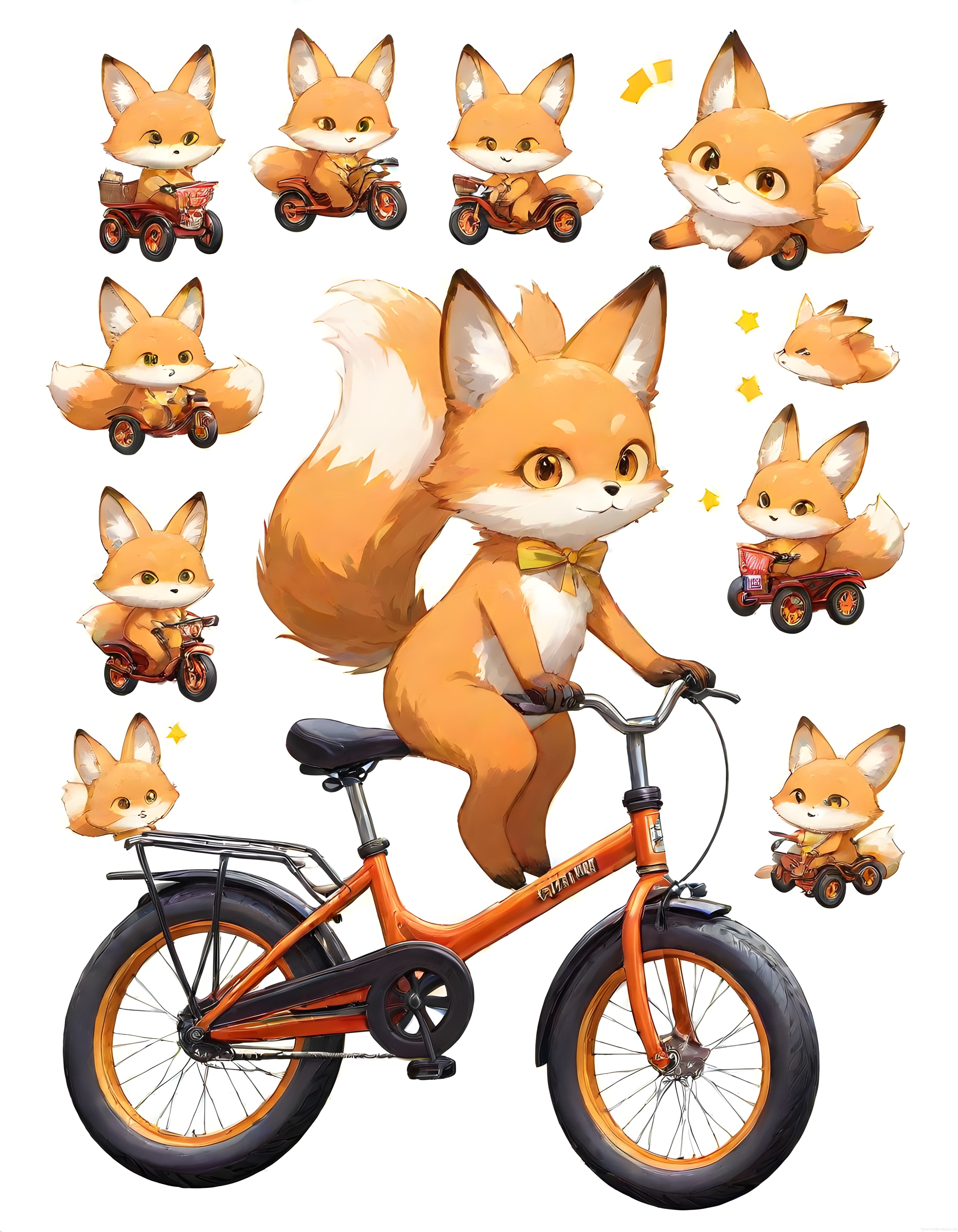 Sevimli Tilki Karakteri Bisiklet ve Motosikletle Macera Dolu Sticker Seti
