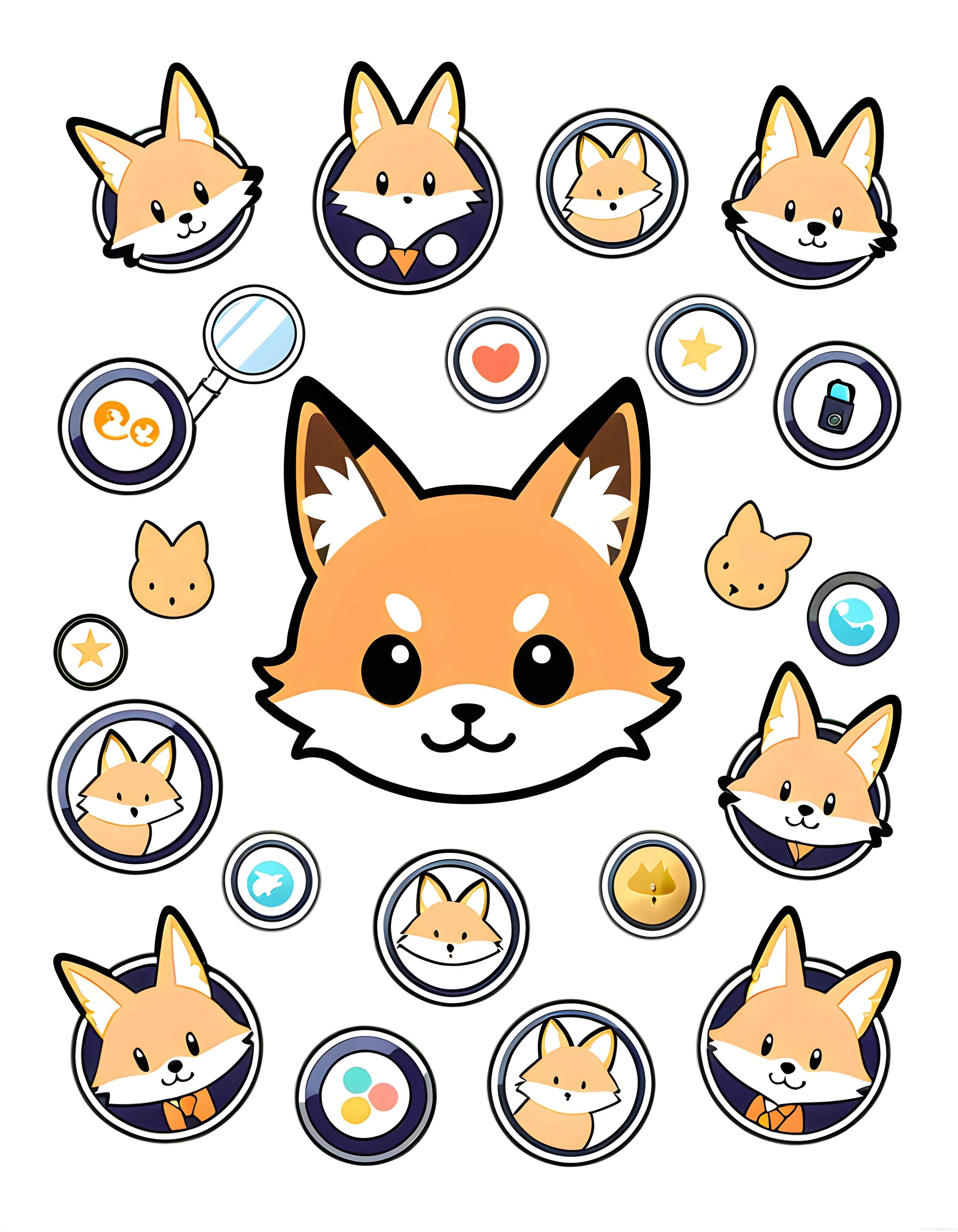 Sevimli Tilki Karakteri ve Kawaii Sticker Seti Vektör İllüstrasyon