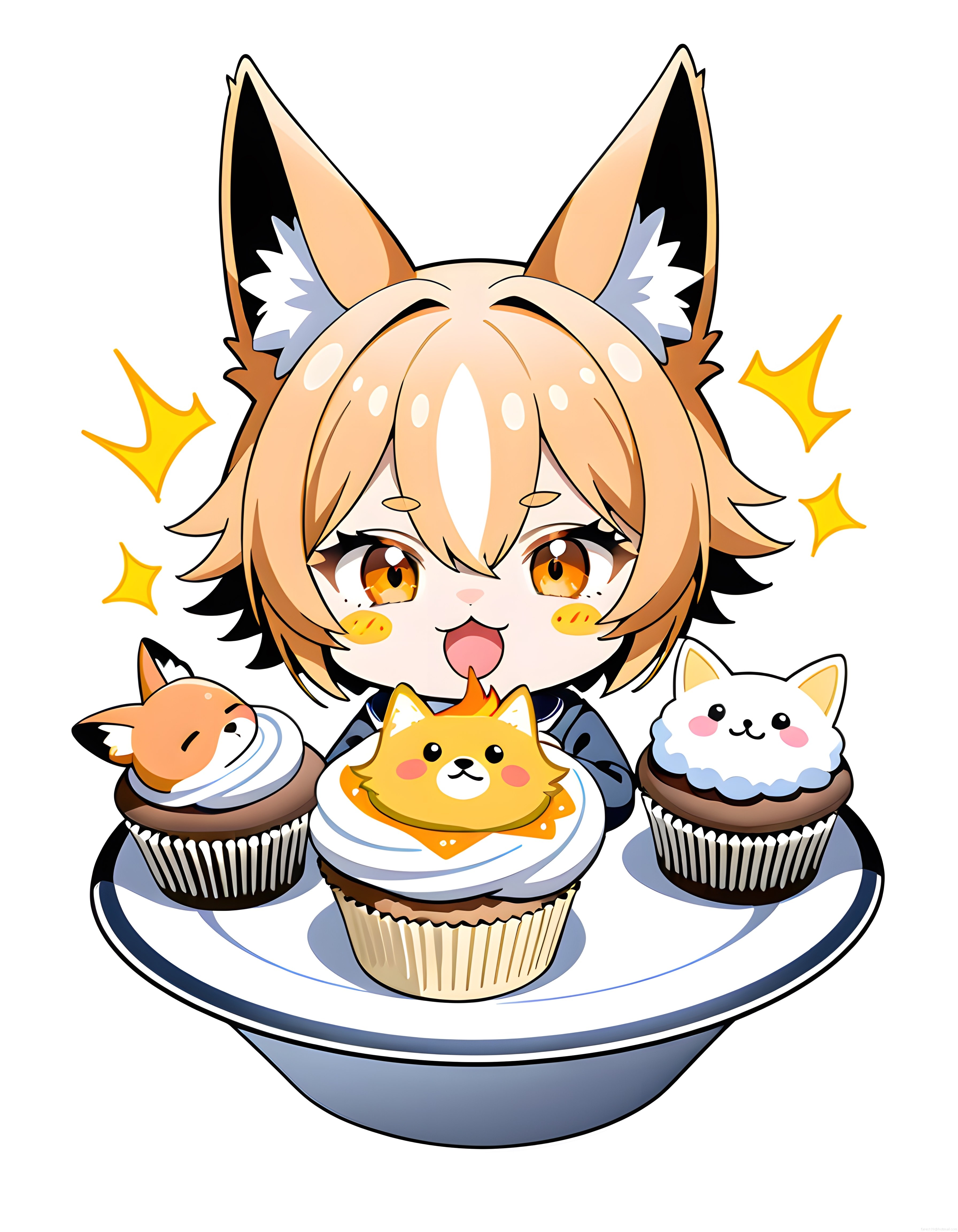 Sevimli Tilki Kız ve Hayvan Figürlü Cupcakelerle Neşeli Anime Sahnesi