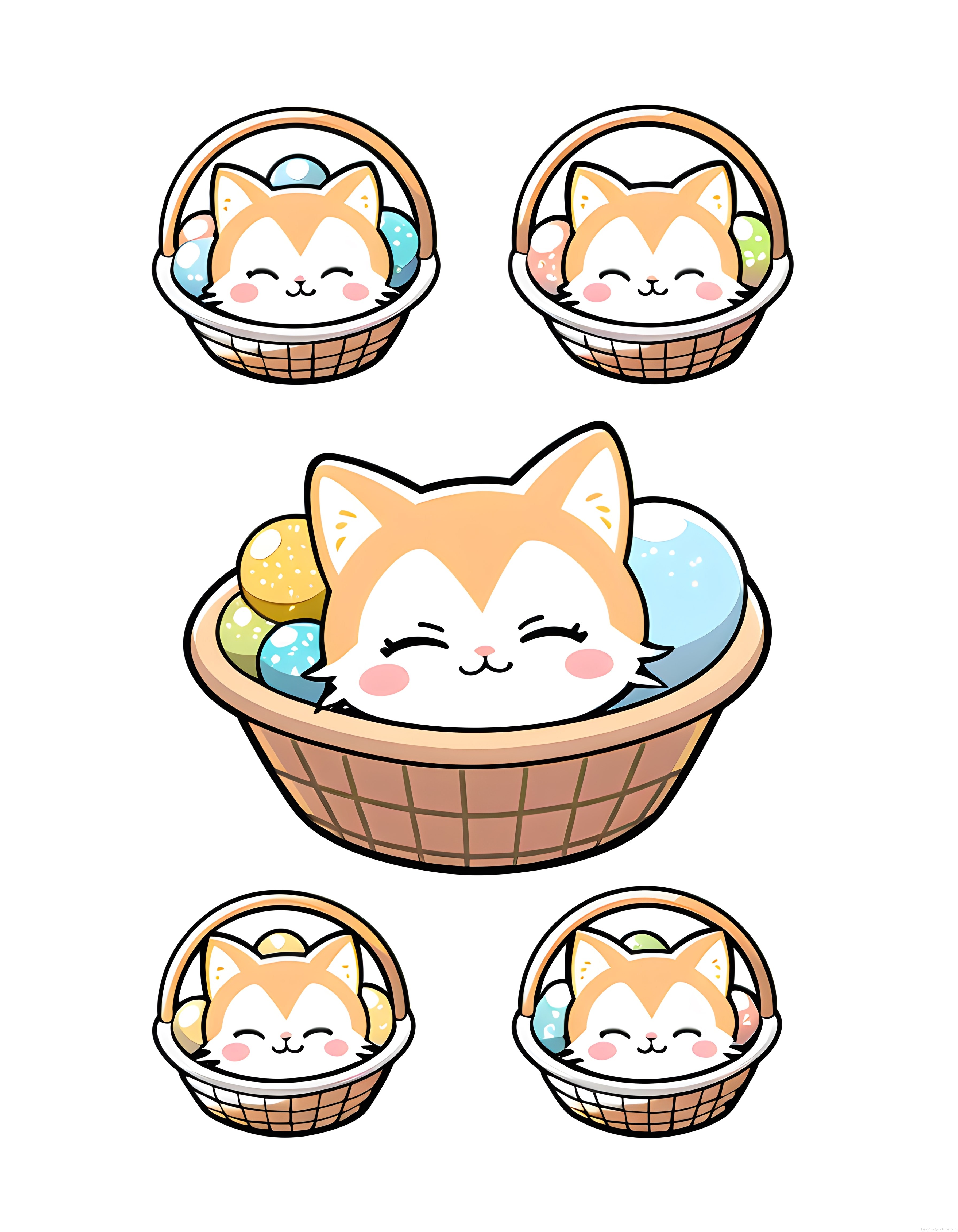 Sevimli tilki paskalya sepetinde renkli yumurtalarla kawaii vektör çizim