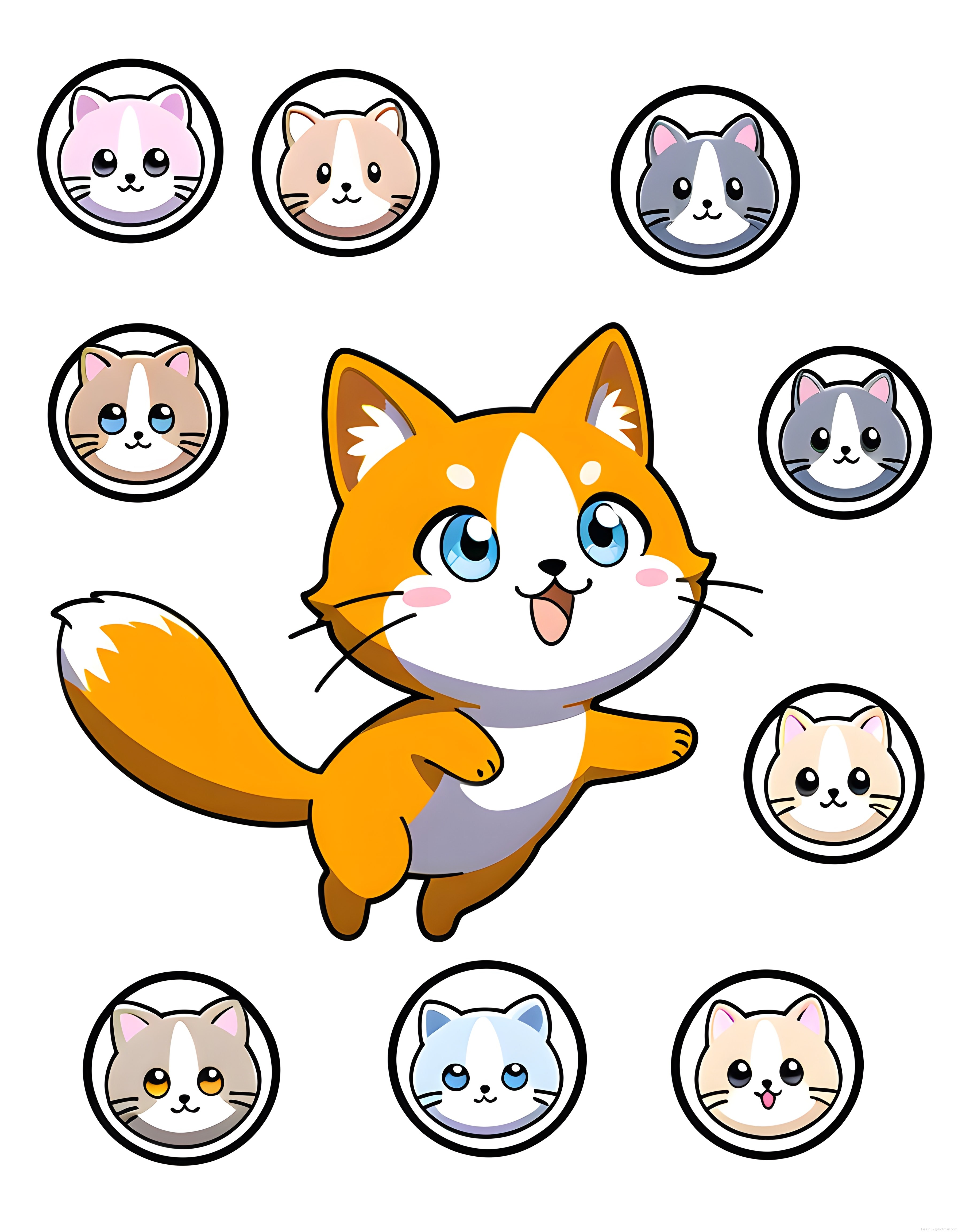 Sevimli tilki ve kedi karakterlerinden oluşan kawaii vektör illüstrasyon seti