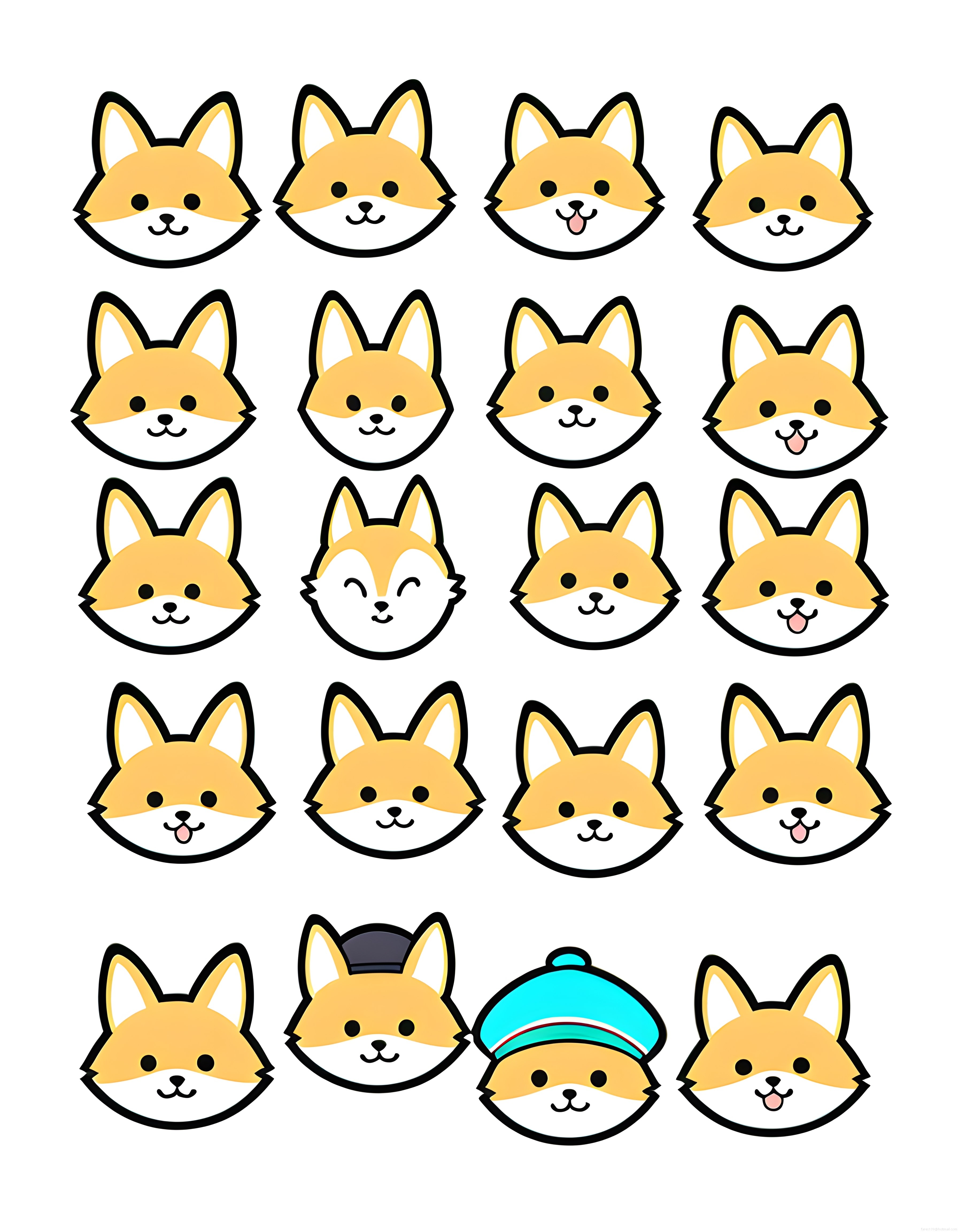 Sevimli Tilki ve Şiba İnu Kawaii Karakter Yüzleri Vektör Sticker Seti