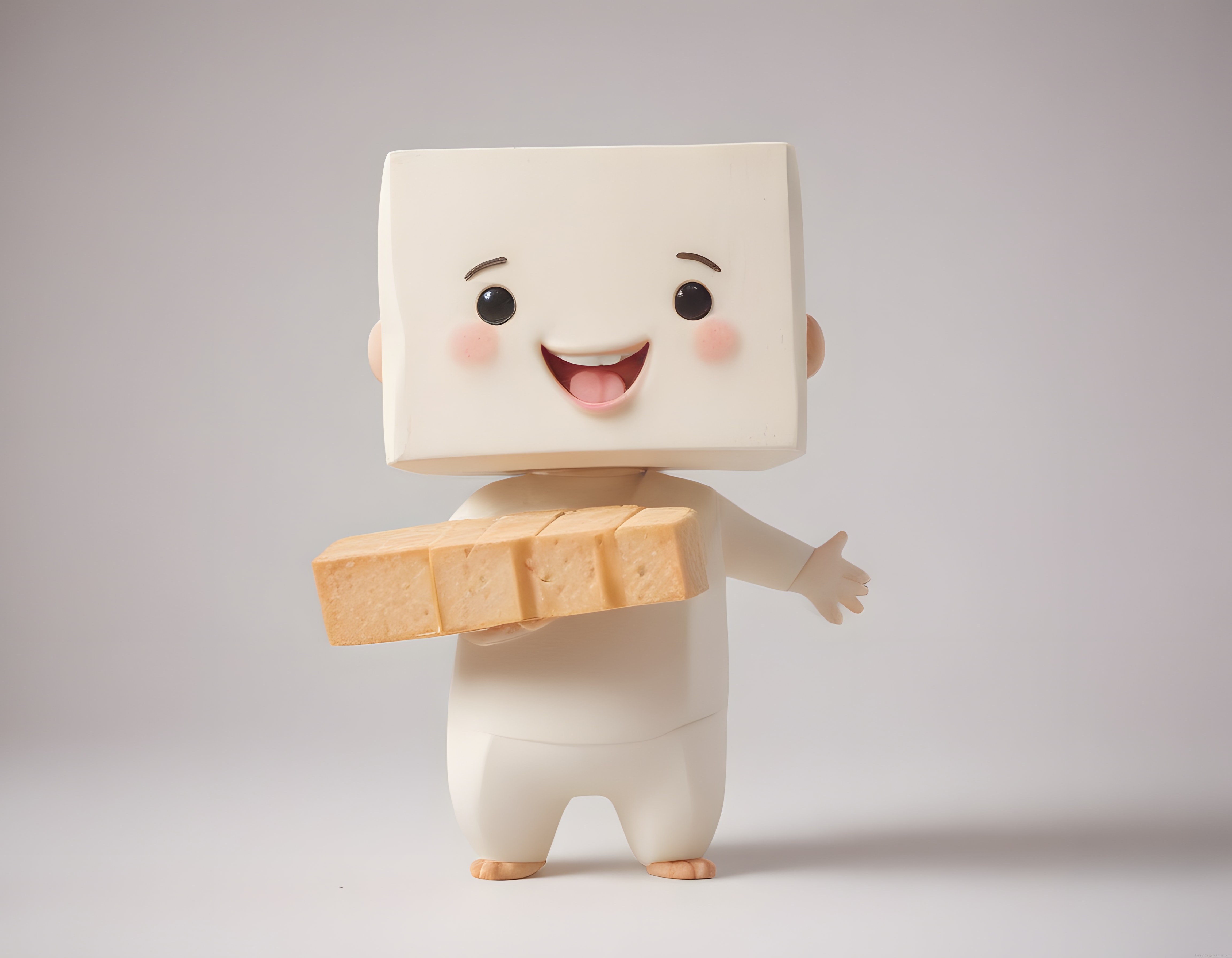 Sevimli Tofu Maskotu Elinde Dilimlenmiş Tofu Parçalarıyla Gülümsüyor