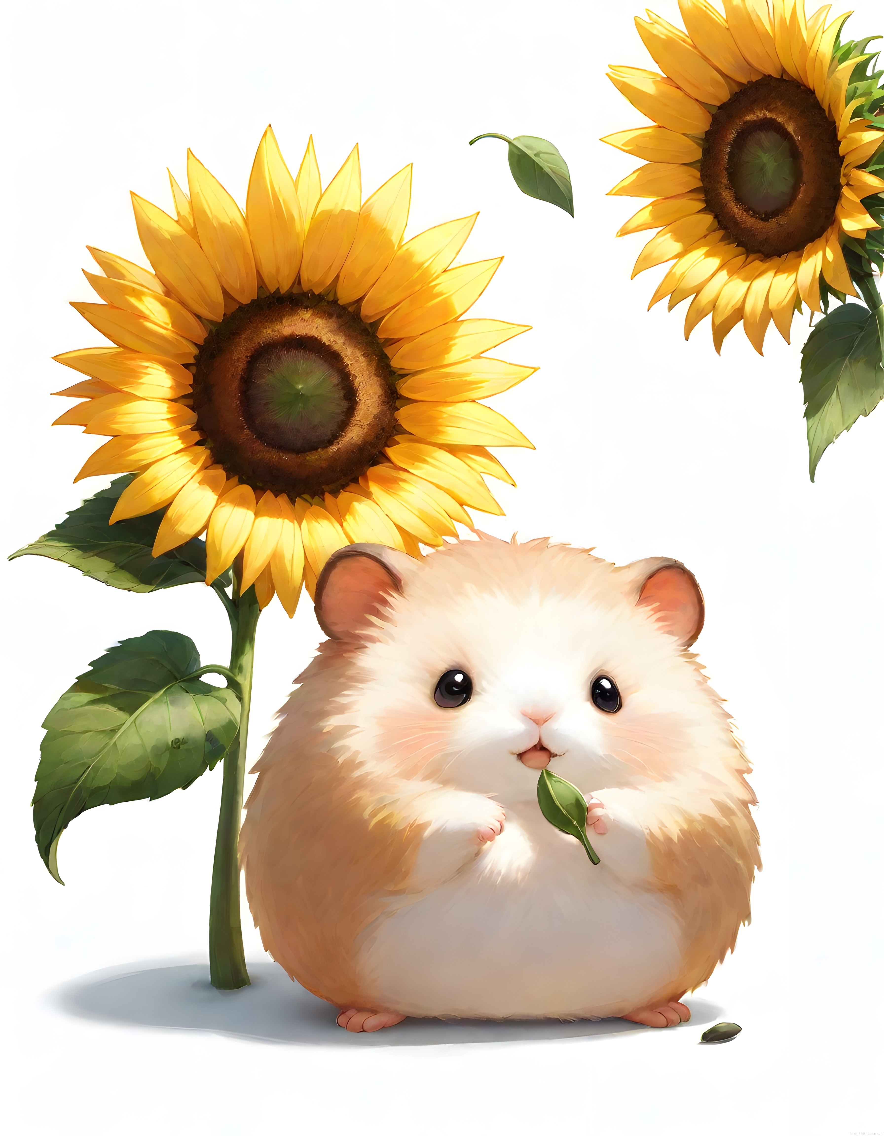 Sevimli Tombul Hamster ve Dev Sarı Ayçiçekleri Dijital Sanat İllüstrasyonu