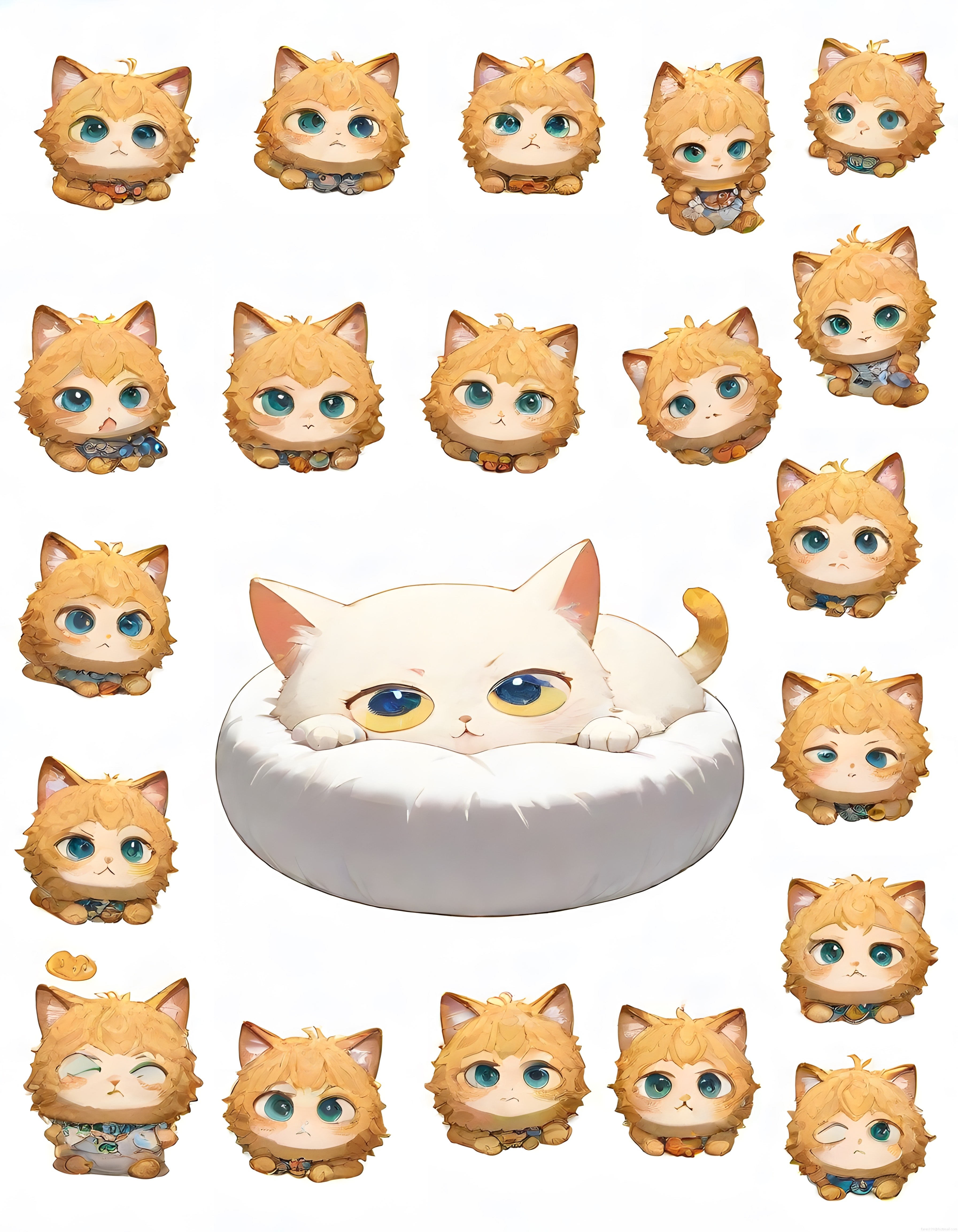 Sevimli turuncu chibi kedi karakterleri ve heterokromi beyaz kedi illüstrasyonu