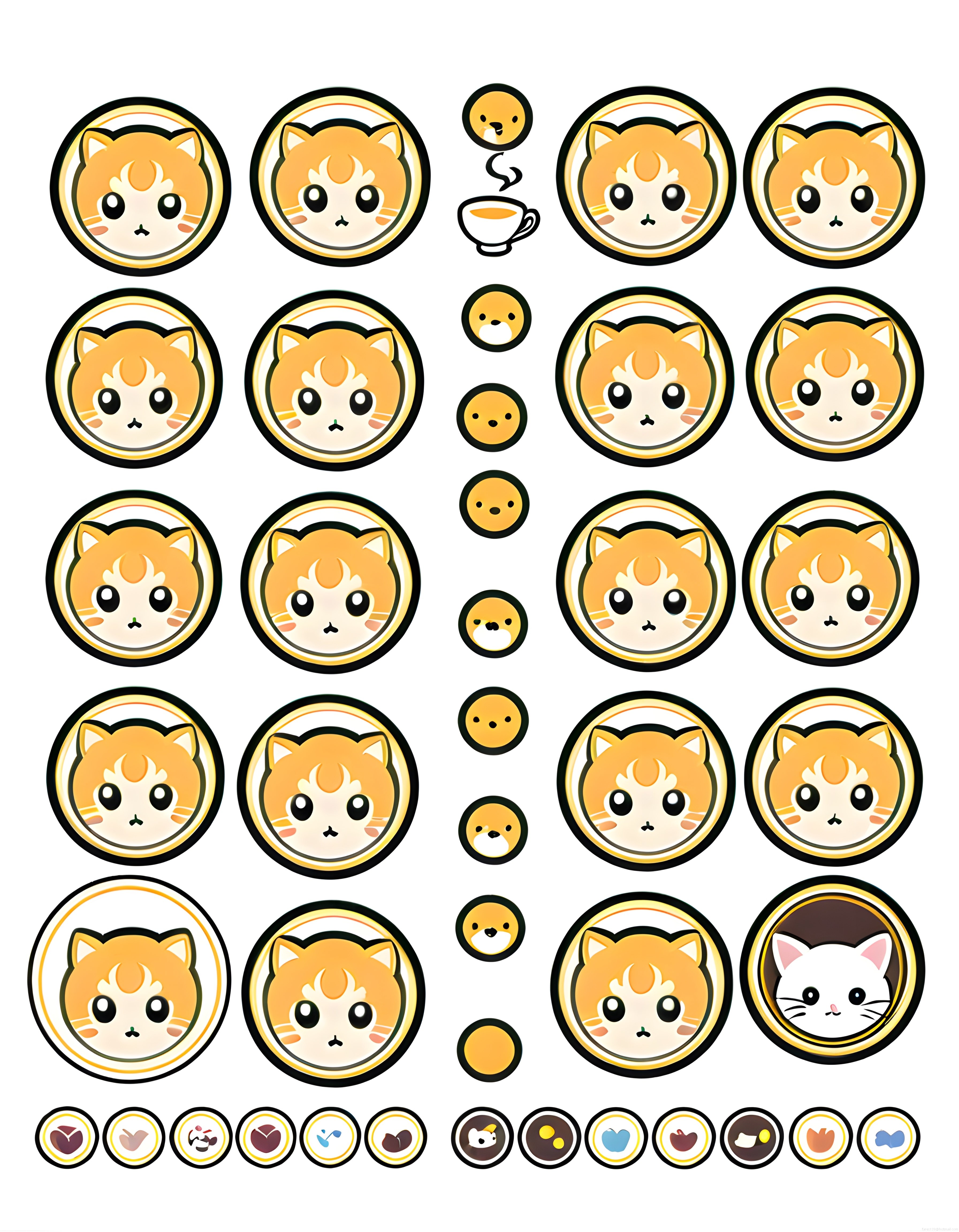 Sevimli Turuncu Kedi ve Dostları Yuvarlak Çerçeveli Kawaii Sticker Koleksiyonu