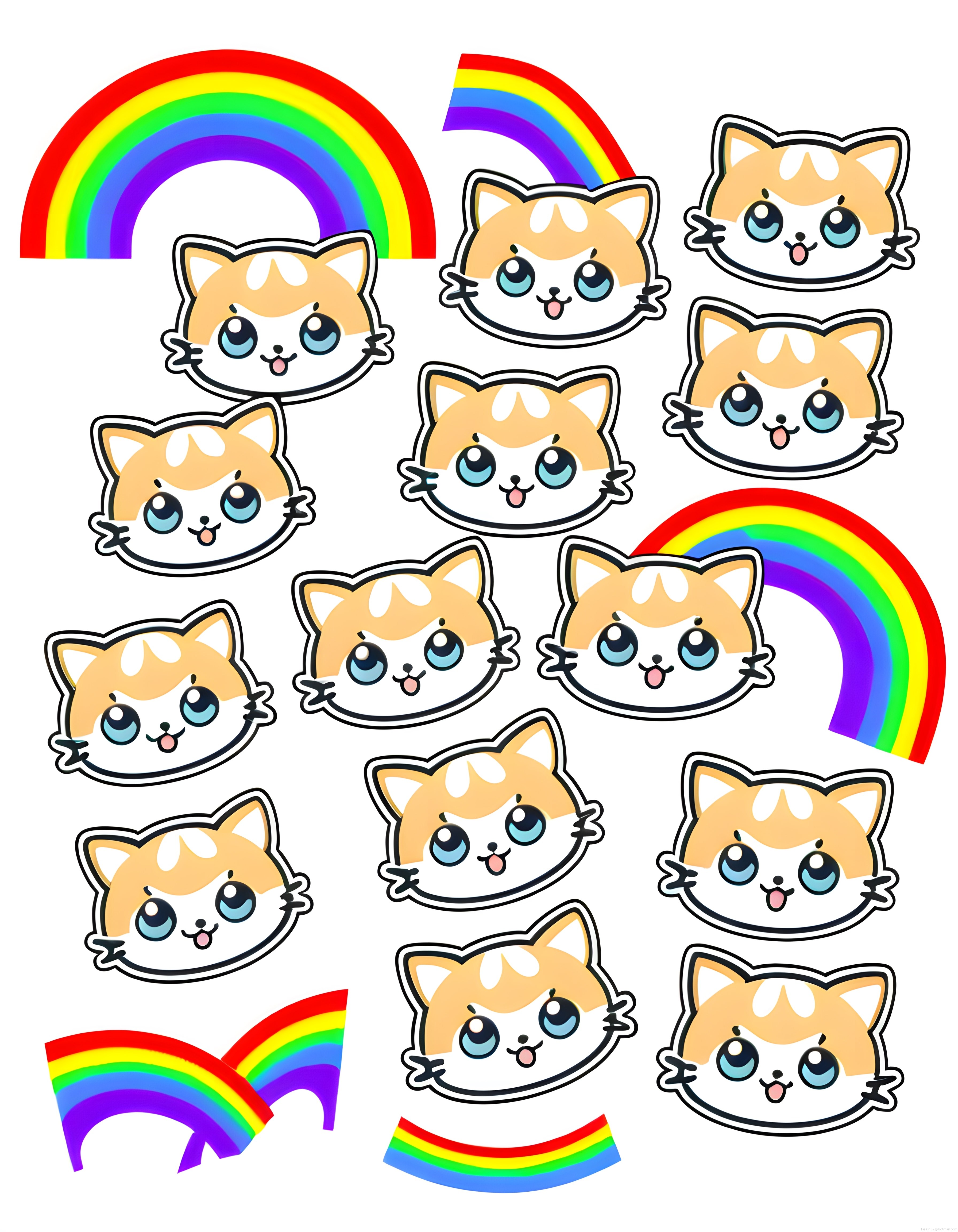 Sevimli Turuncu Kedi Yüzleri ve Gökkuşağı Desenli Sticker İllüstrasyon Paketi