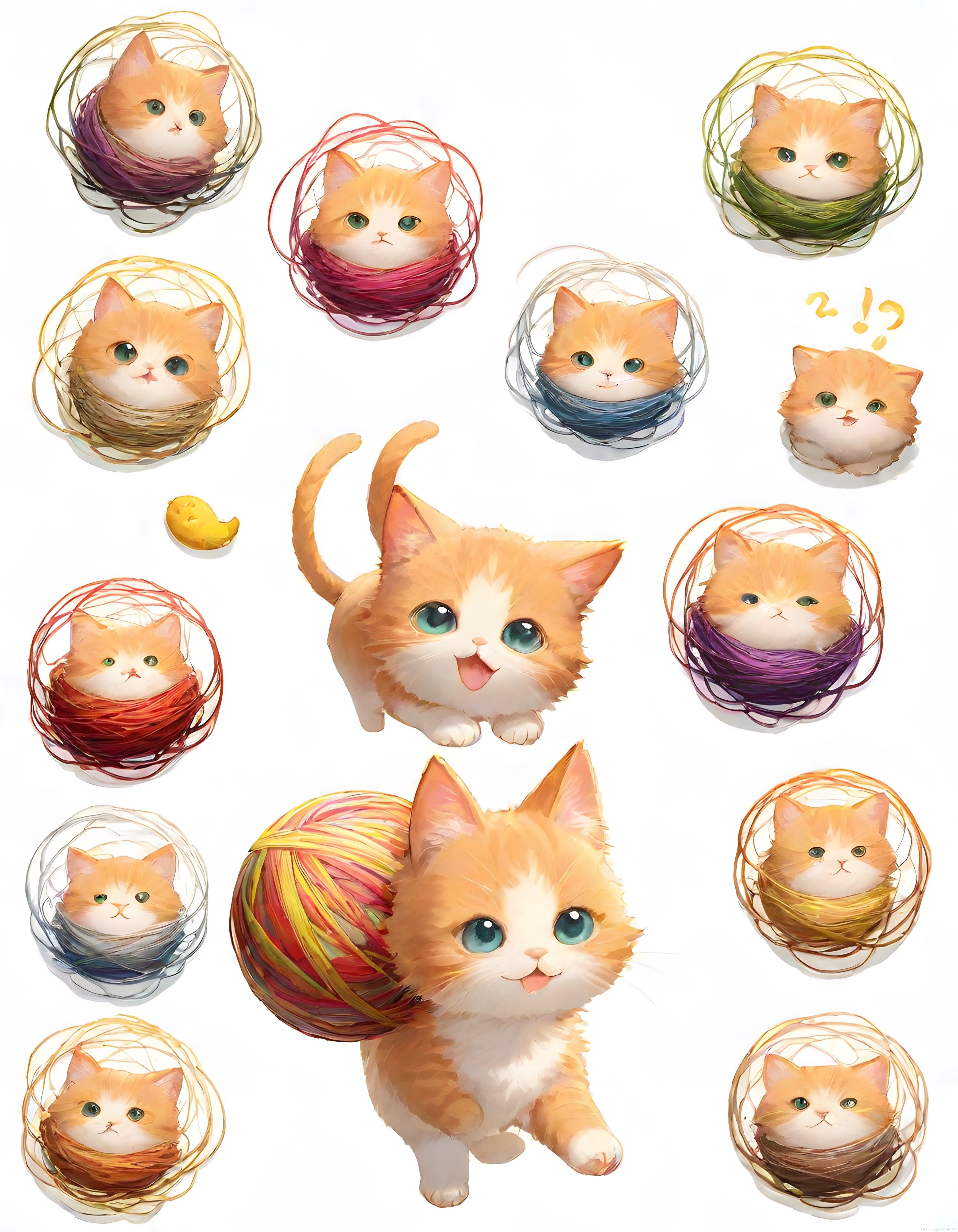 Sevimli Turuncu Yavru Kediler ve Renkli İplerle Kawaii Anime İllüstrasyonu