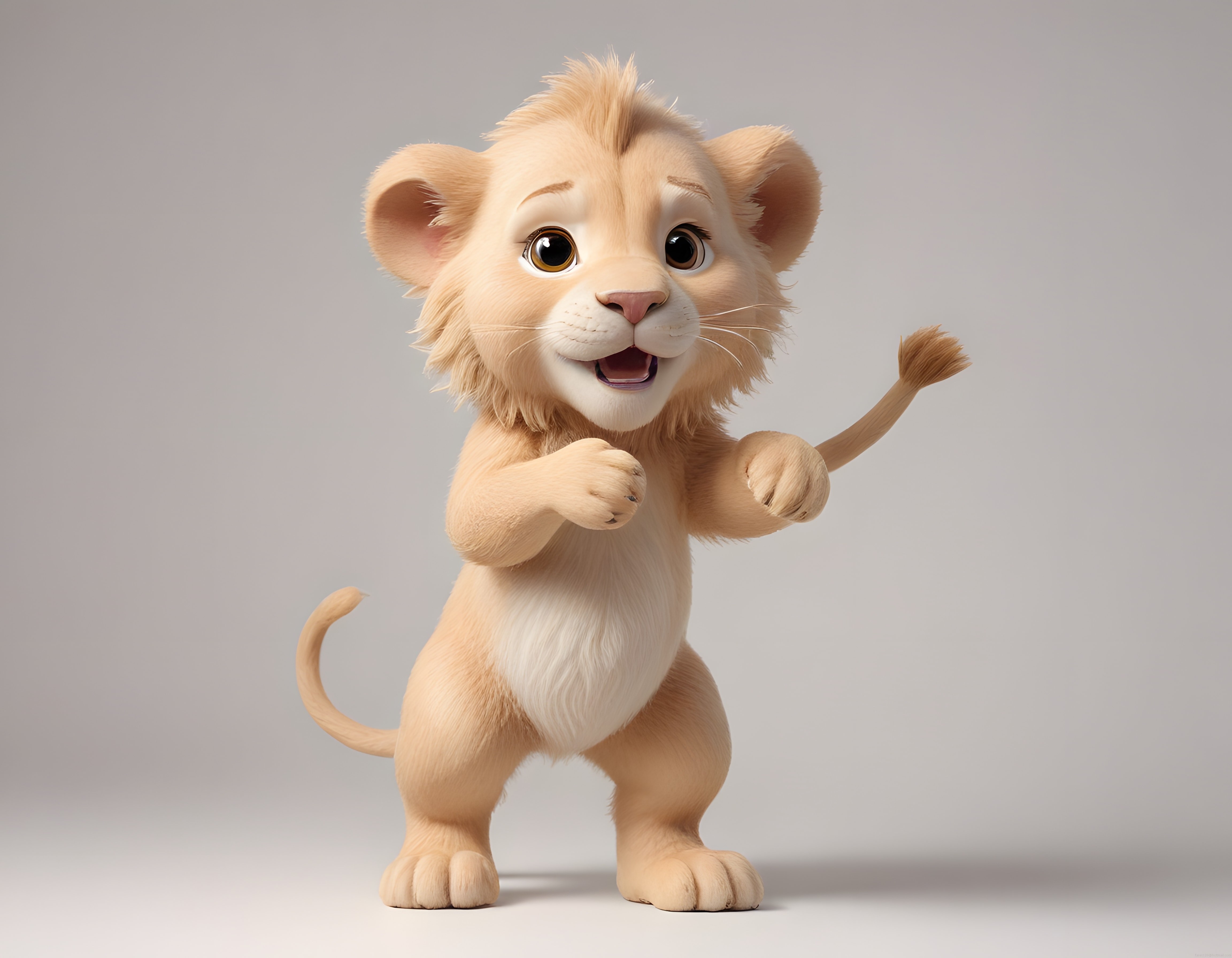 Sevimli Tüylü 3D Animasyon Aslan Yavrusu Karakteri Gri Arka Planda Neşeyle