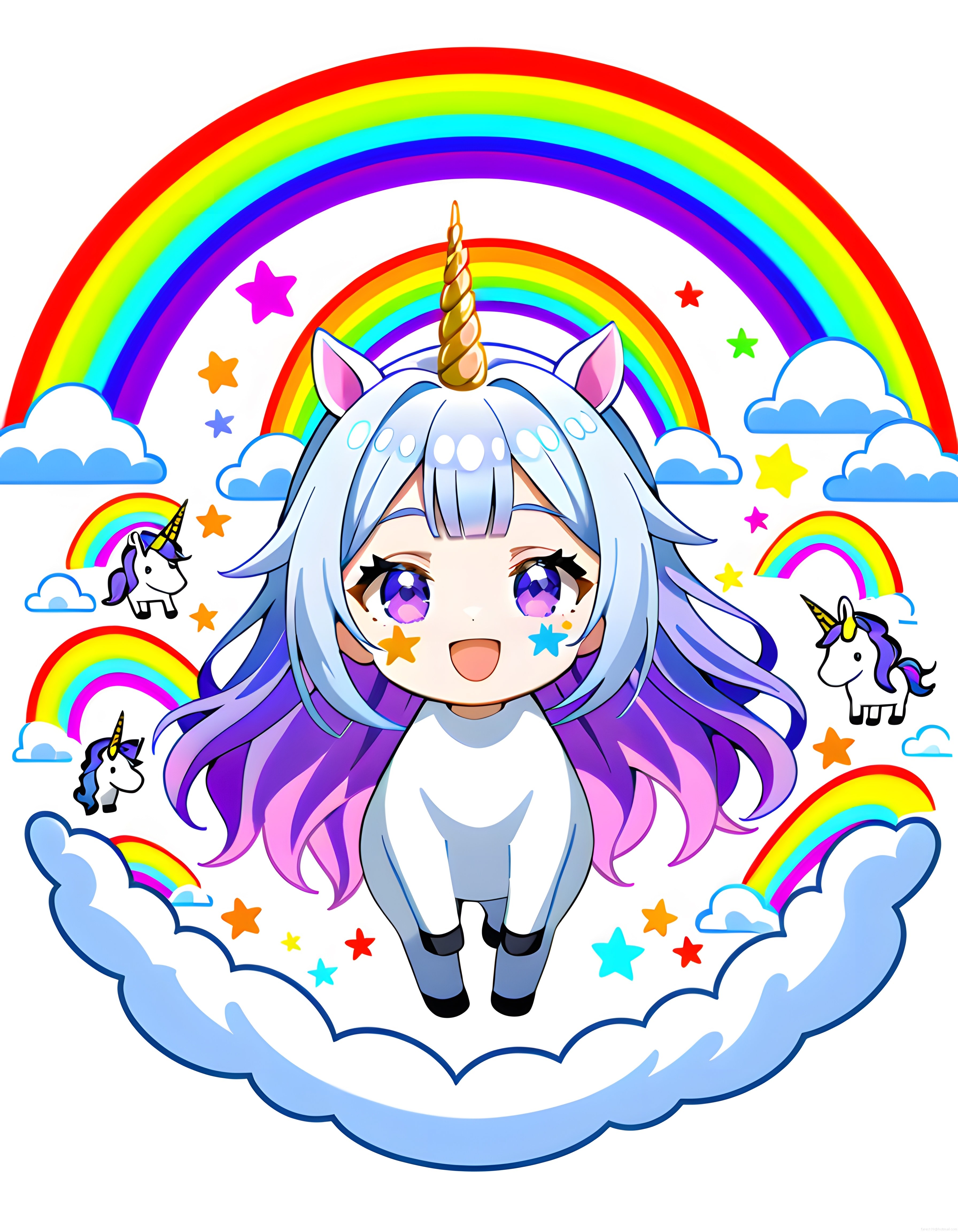 Sevimli Unicorn Kız Gökkuşağı ve Bulutlarla Masalsı Anime Dünyası