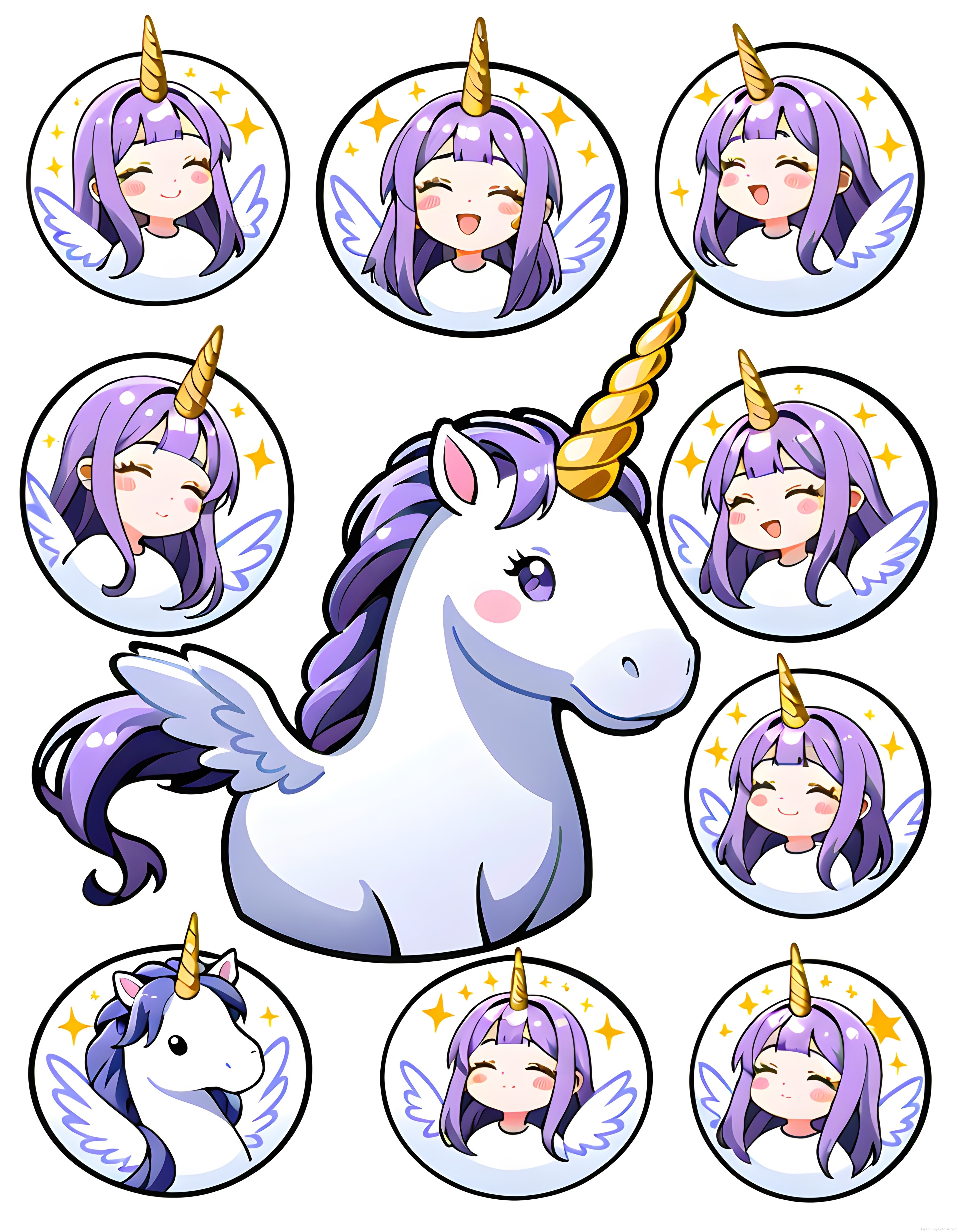 Sevimli Unicorn ve Kanatlı Anime Kız Karakterleri Dijital Sticker Koleksiyonu