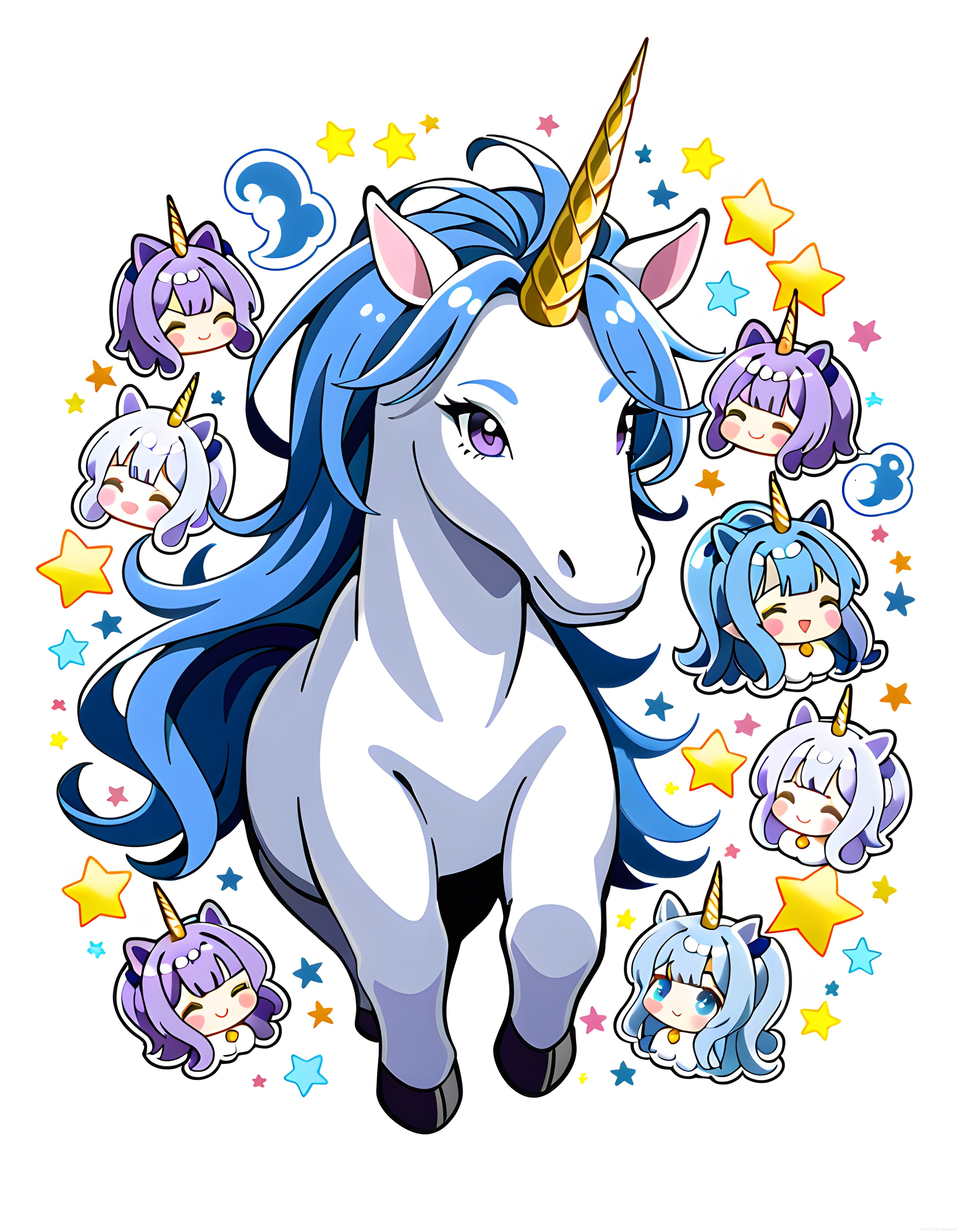 sevimli unicorn ve tek boynuzlu çizgi film karakterlerinin renkli dünyası