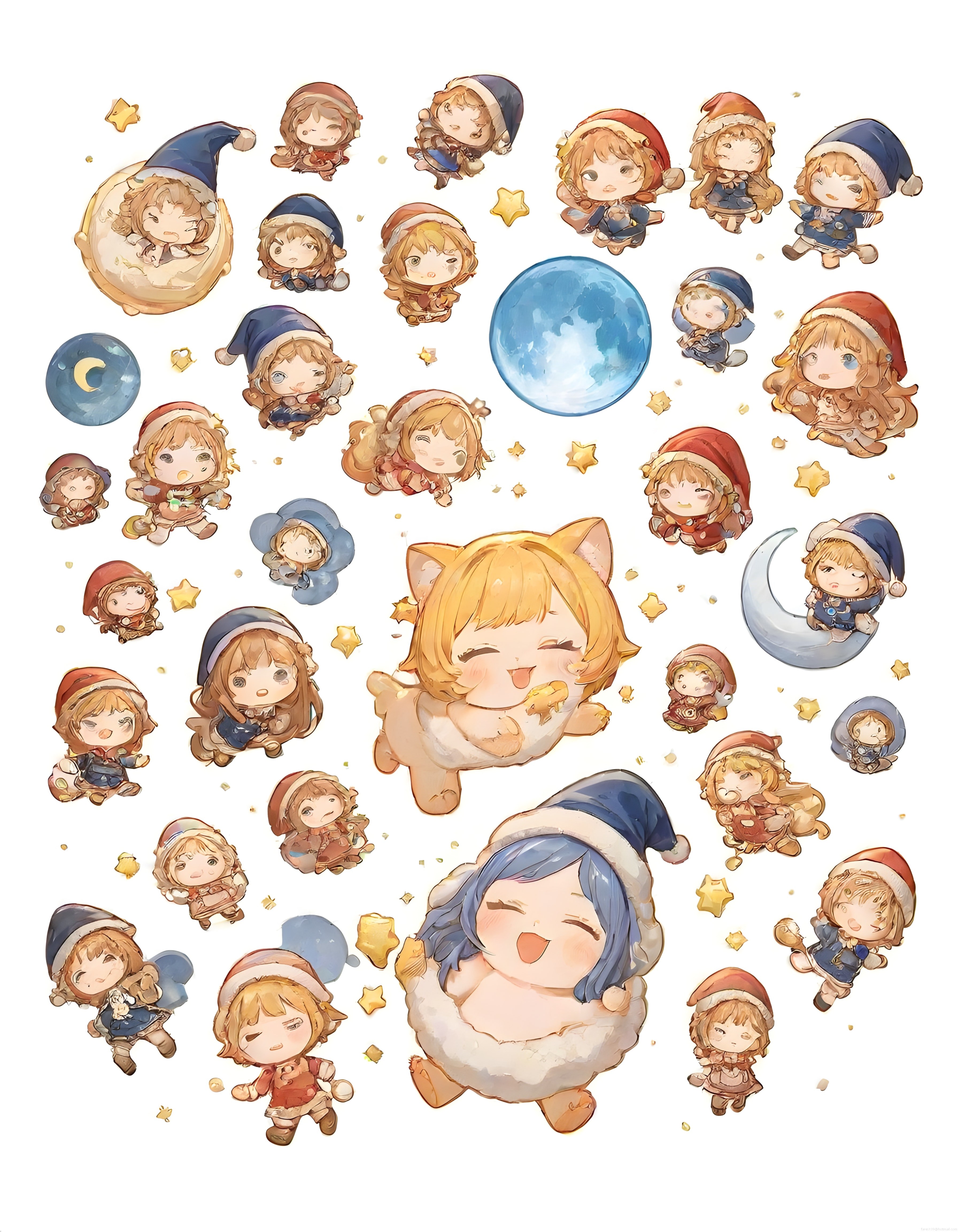 Sevimli uyku temalı chibi anime karakterleri ve ay yıldız sticker seti